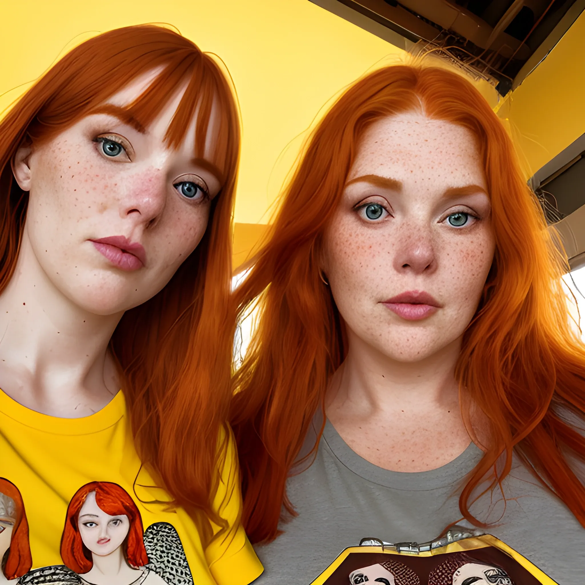 Two tall beautiful plus sized, ample, middle-aged  American Women, long straight ginger hair, full lips, full face, freckles, fitted red and yellow patterned t-shirts, looking down at the camera, up close pov, detailed, warm lighting 