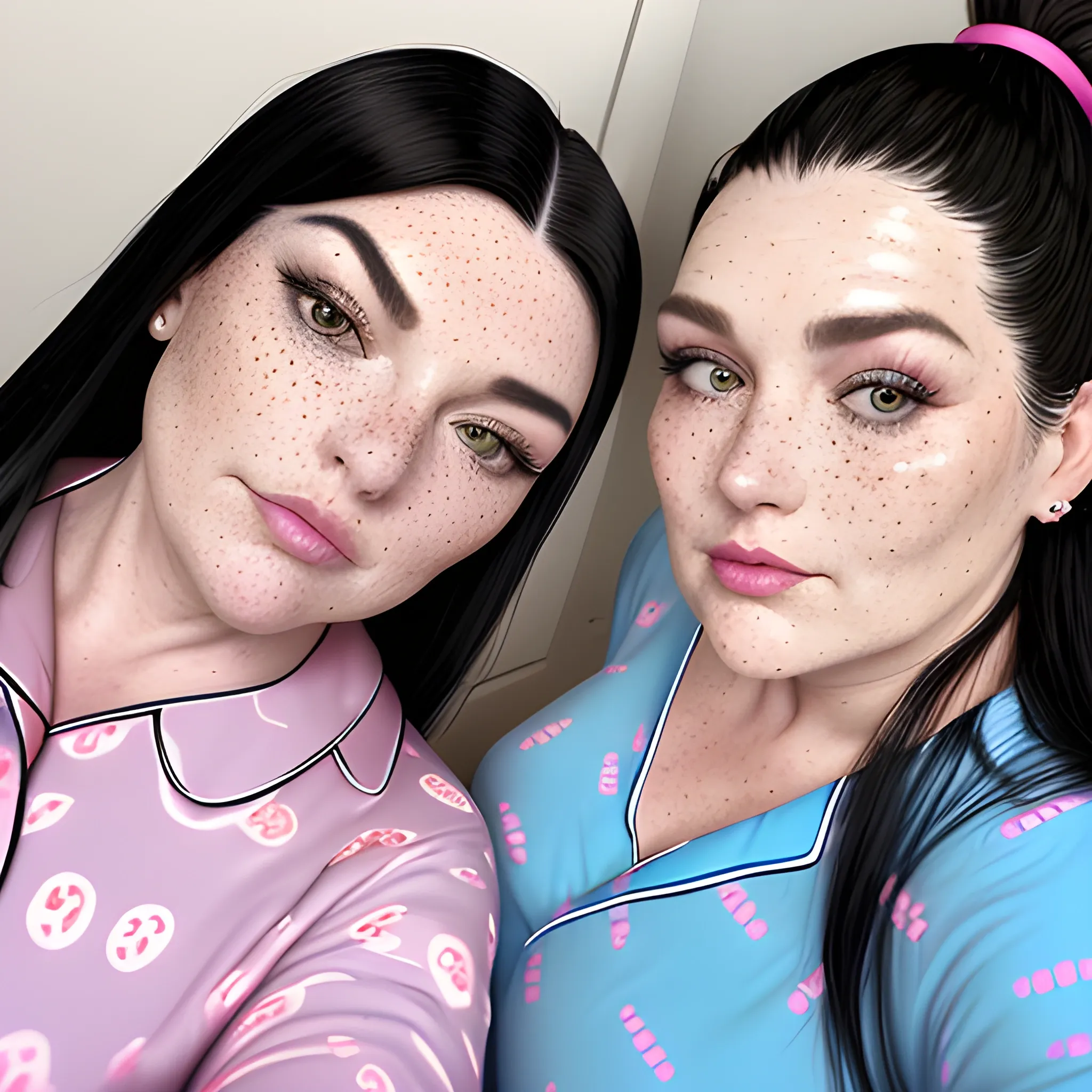 Two tall beautiful plus sized, ample, middle-aged  American Women, long straight black hair, ponytail, full lips, full face, freckles, fitted blue and pink patterned pajamas, looking down at the camera, up close pov, detailed, warm lighting 