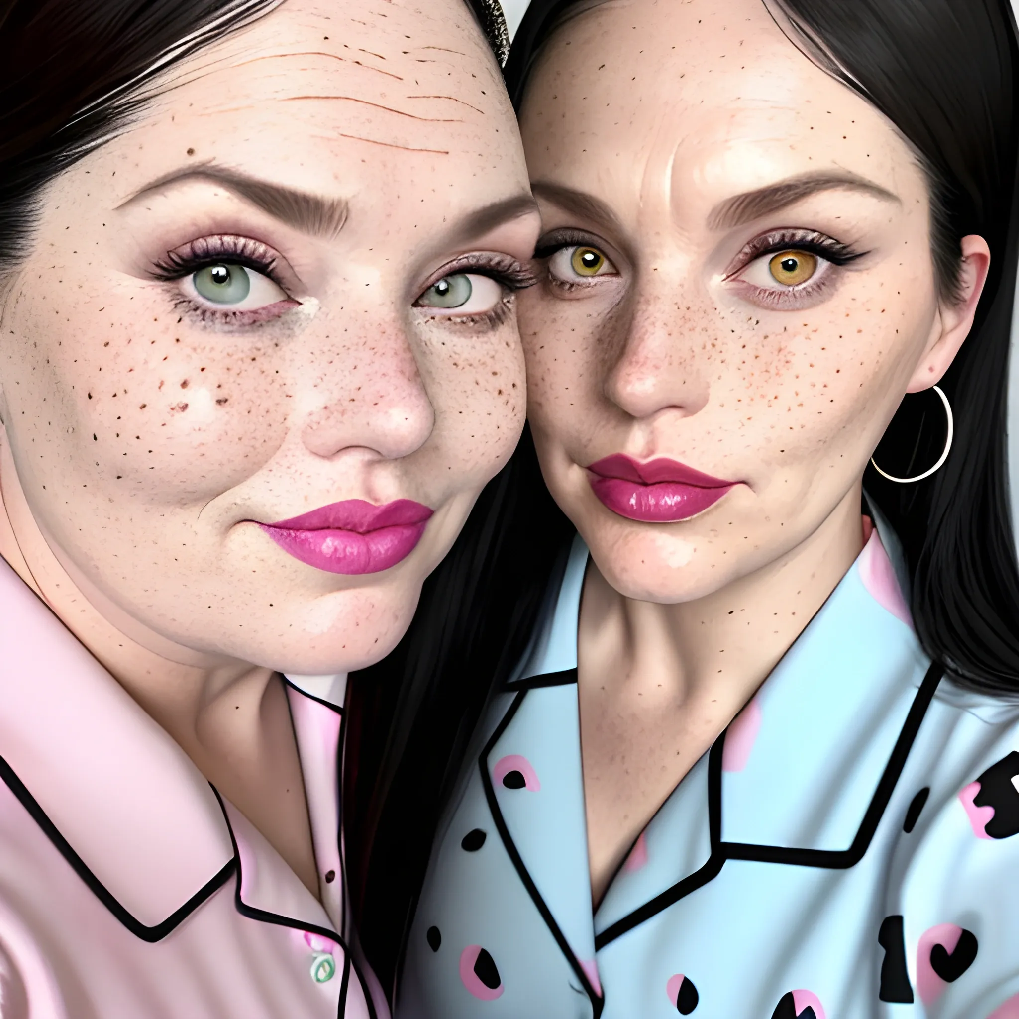 Two tall beautiful plus sized, ample, middle-aged  American Women, long straight black hair, ponytail, full lips, full face, freckles, fitted blue and pink patterned pajamas, looking down at the camera, up close pov, detailed, warm lighting 