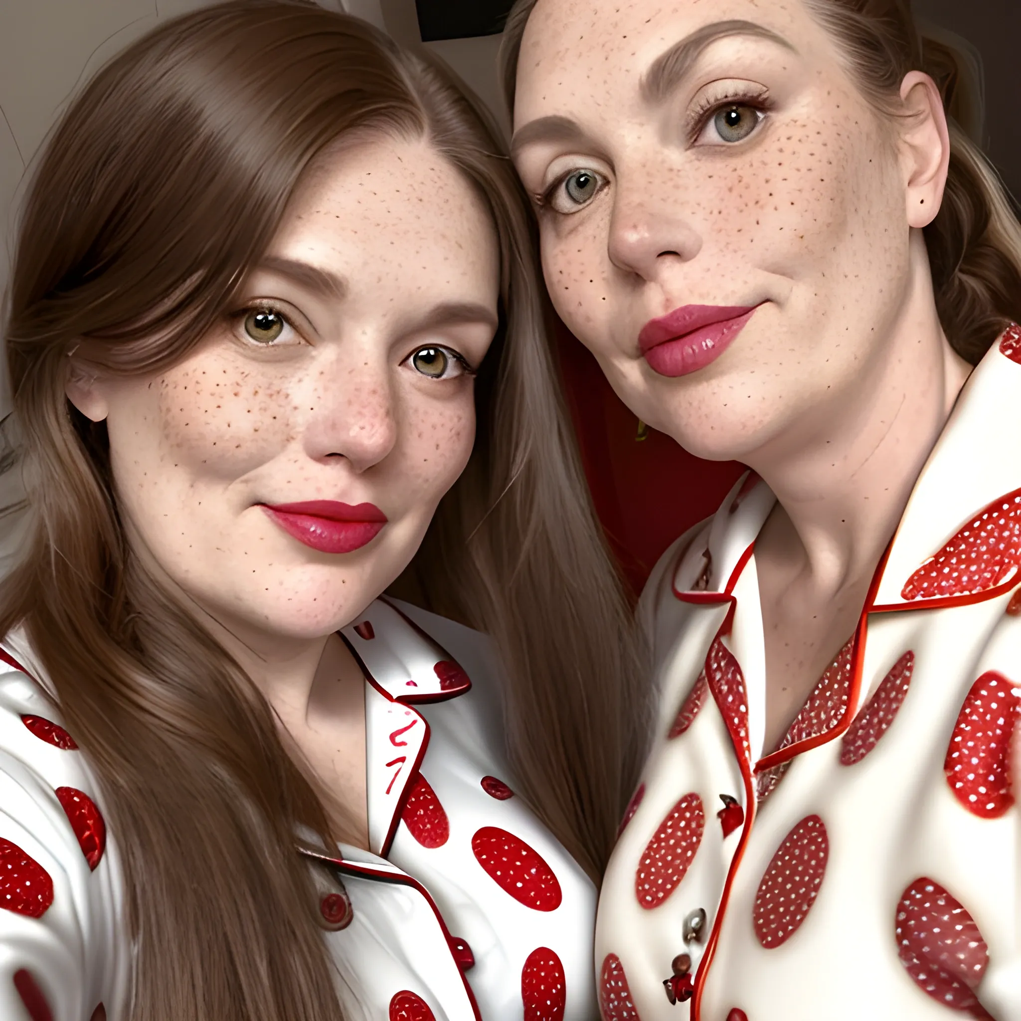 Two tall beautiful plus sized, ample, middle-aged  American Women, long straight brown hair, ponytail, full lips, full face, freckles, fitted red and white patterned pajamas, looking down at the camera, up close pov, detailed, warm lighting 