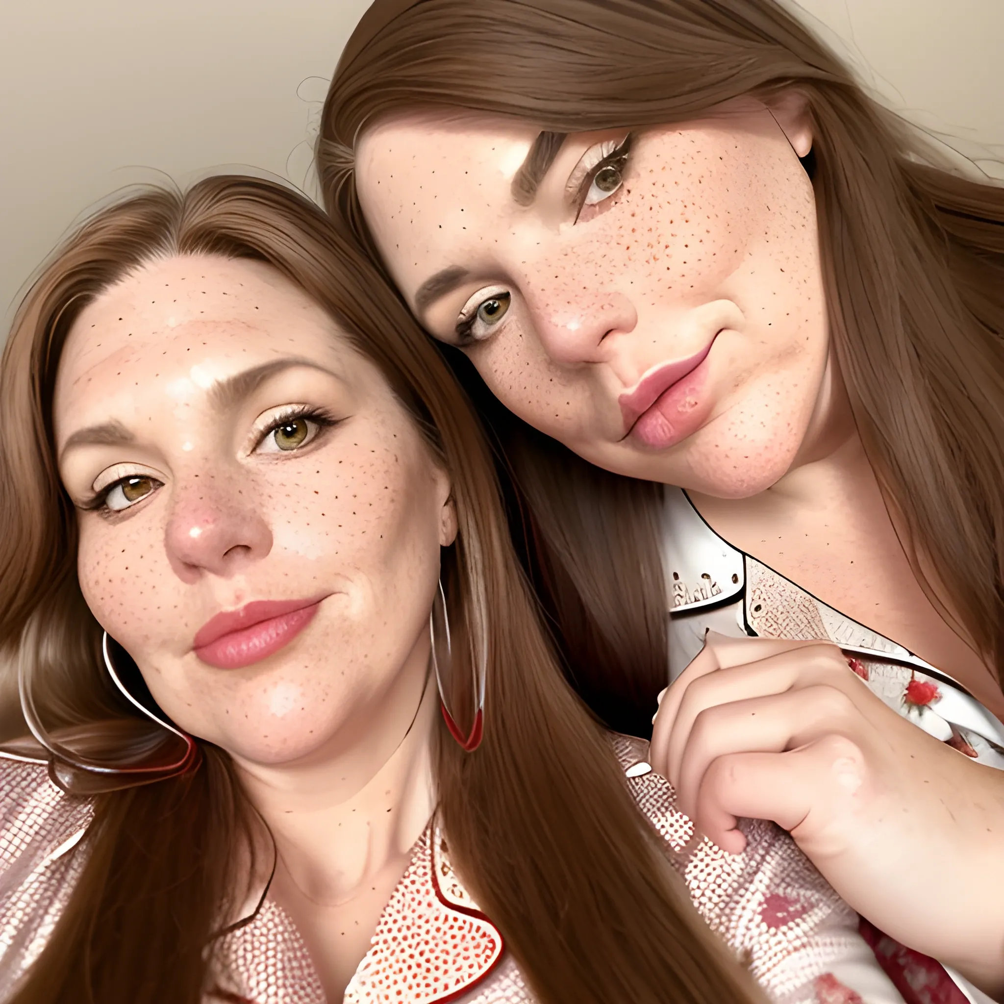 Two tall beautiful plus sized, ample, middle-aged  American Women, long straight brown hair, ponytail, full lips, full face, freckles, fitted red and white patterned pajamas, looking down at the camera, up close pov, detailed, warm lighting 