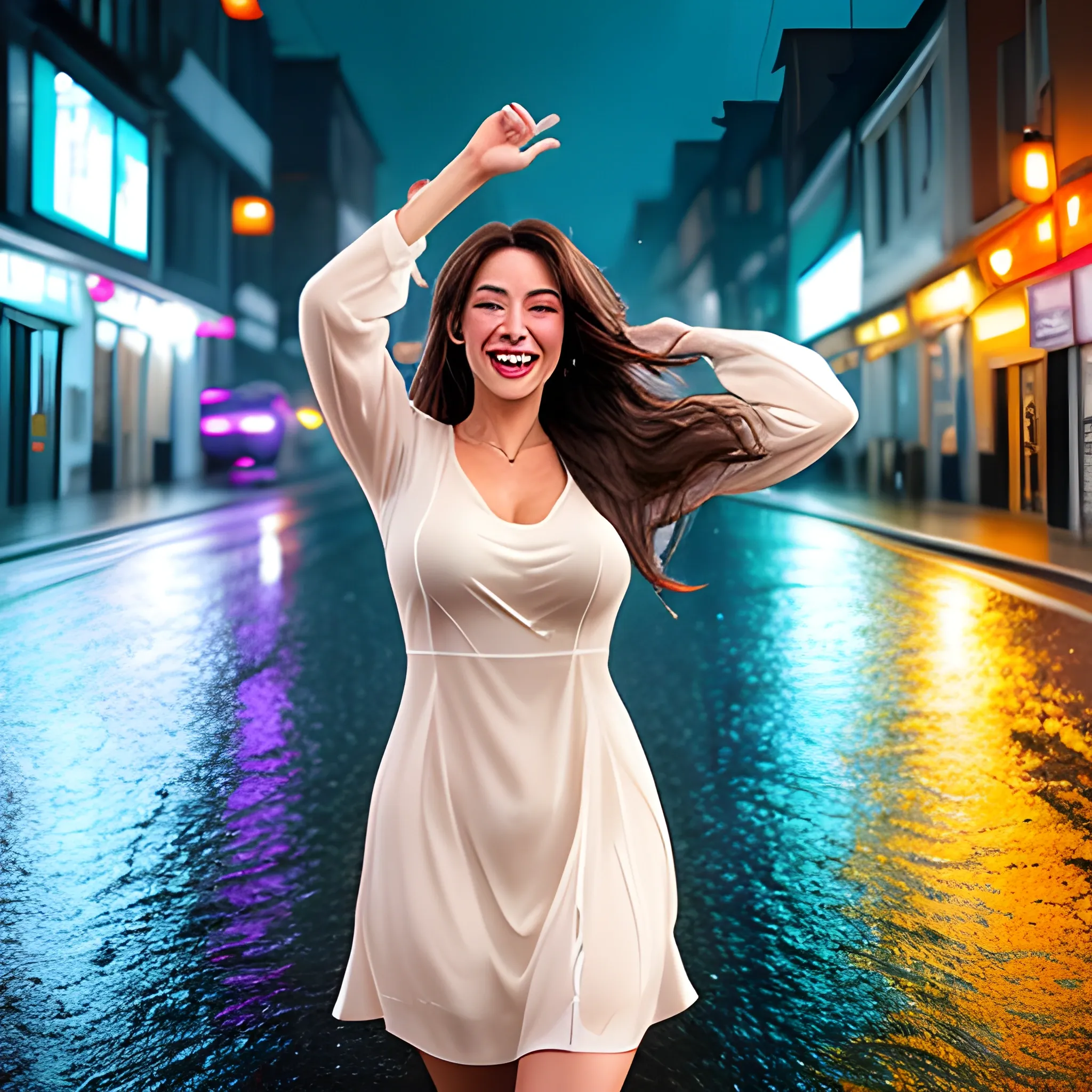 An anime girl in her mid-20s with long brown hair, wearing a light night dress, dancing joyfully in the pouring rain on a deserted street at night. Her clothes drenched, but her radiant smile lights up the darkness, bringing happiness to those who see her. The AI captures the image of pure joy and carefree spirit in her dancing, embodying the feeling of freedom and happiness amidst the storm.