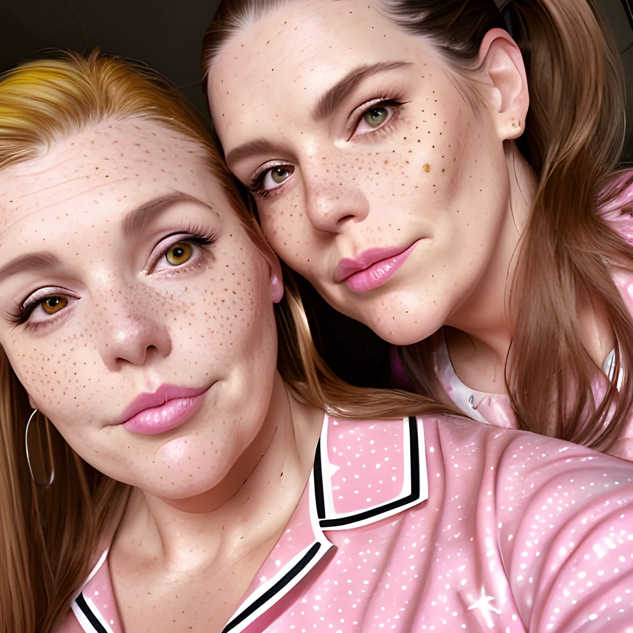 Two tall beautiful plus sized, ample, middle-aged  American Women, long straight brown hair, ponytail, full lips, full face, freckles, fitted pink and yellow patterned pajamas, looking down at the camera, up close pov, detailed, warm lighting 