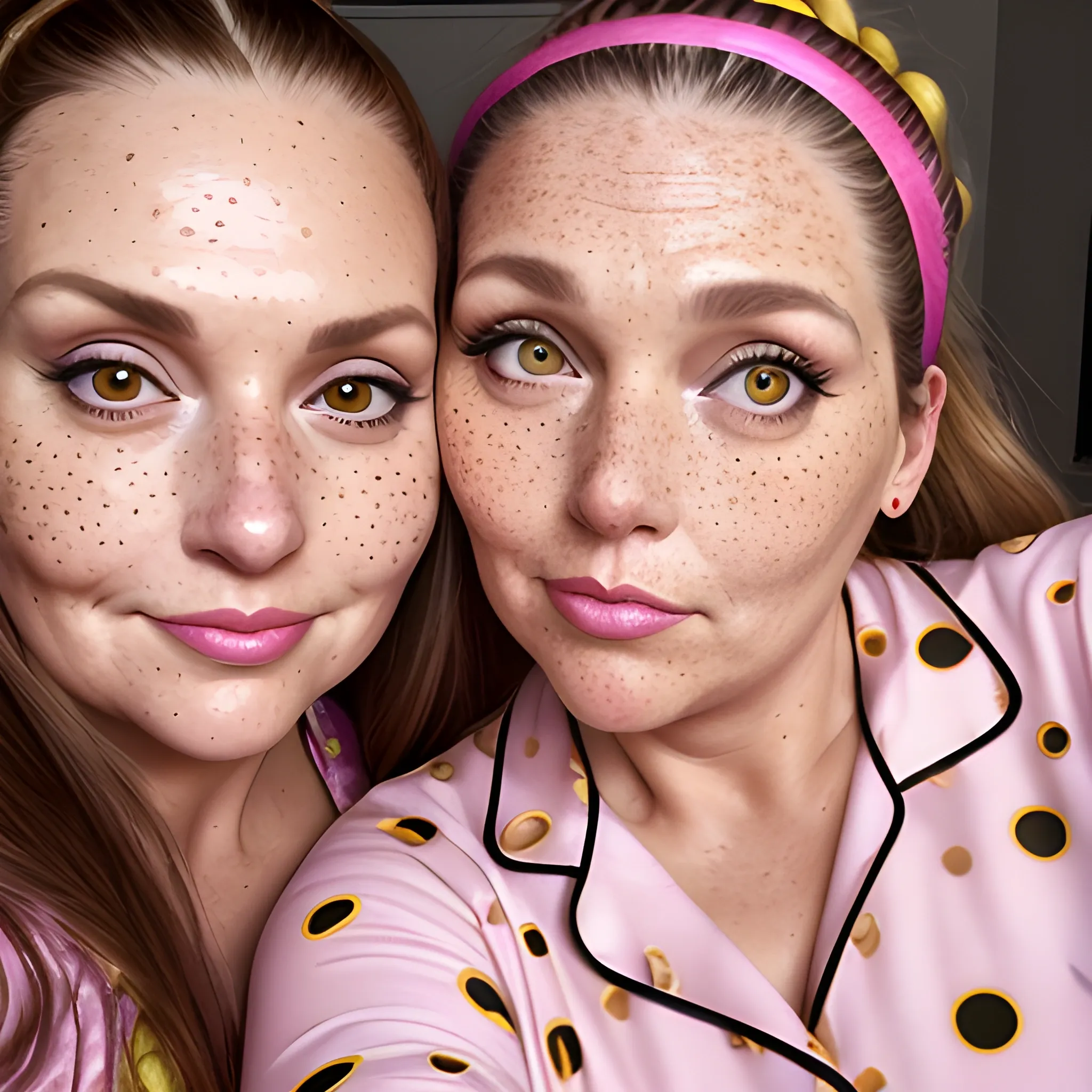 Two tall beautiful plus sized, ample, middle-aged  American Women, long straight brown hair, ponytail, full lips, full face, freckles, fitted pink and yellow patterned pajamas, looking down at the camera, up close pov, detailed, warm lighting 