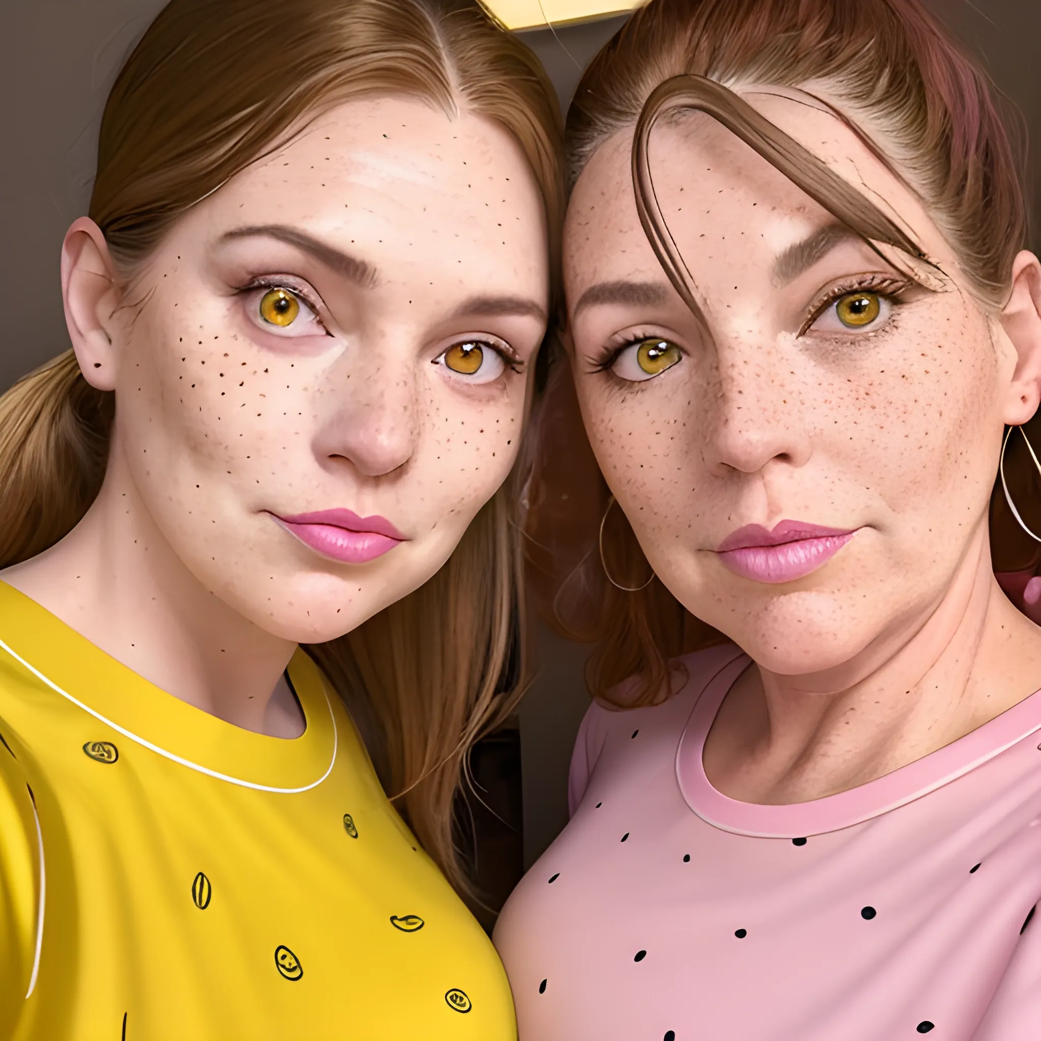 Two tall beautiful plus sized, ample, middle-aged  American Women, long straight brown hair, ponytail, full lips, full face, freckles, fitted pink and yellow patterned pajamas, looking down at the camera, up close pov, detailed, warm lighting 