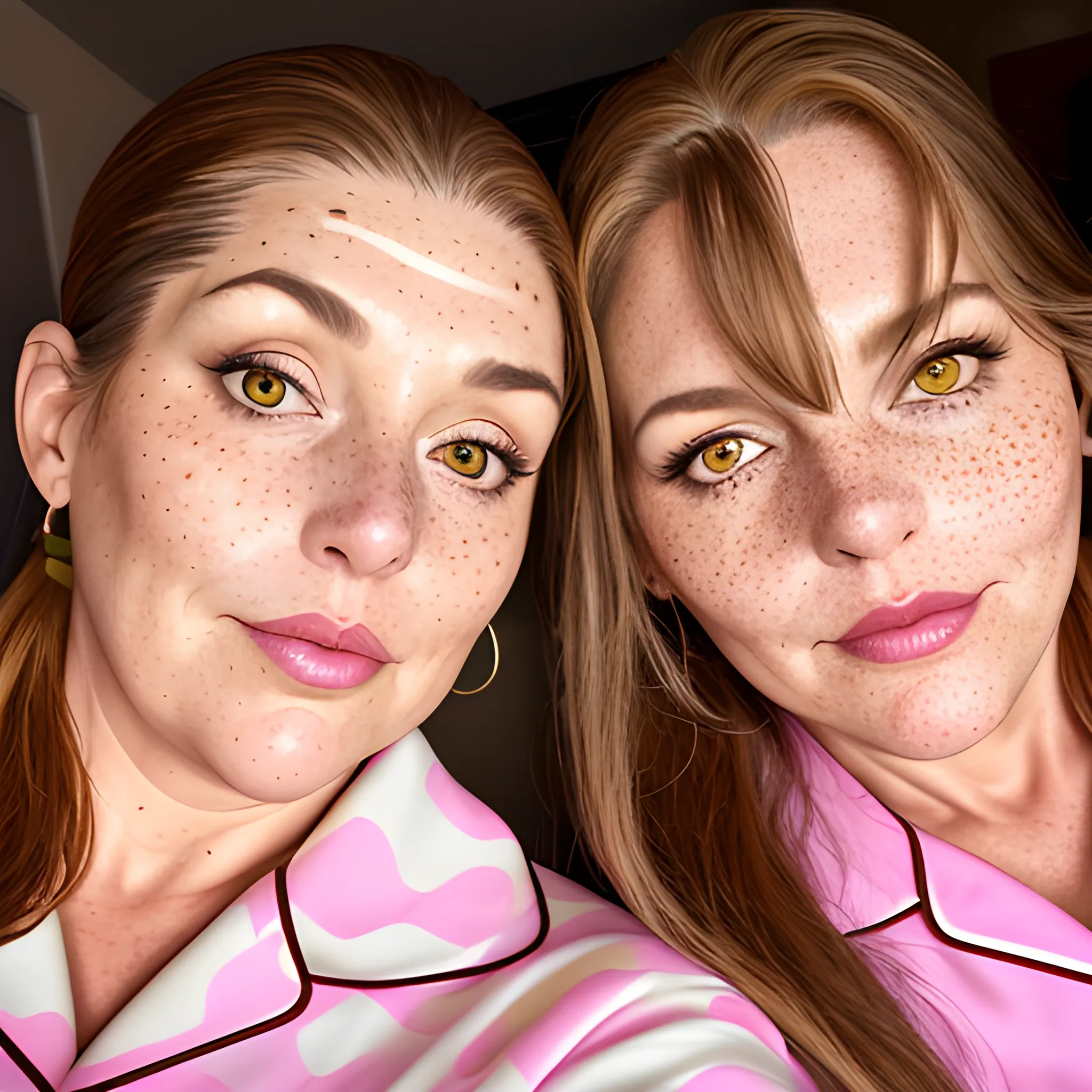 Two tall beautiful plus sized, ample, middle-aged  American Women, long straight brown hair, ponytail, full lips, full face, freckles, fitted pink and yellow patterned pajamas, looking down at the camera, up close pov, detailed, warm lighting 