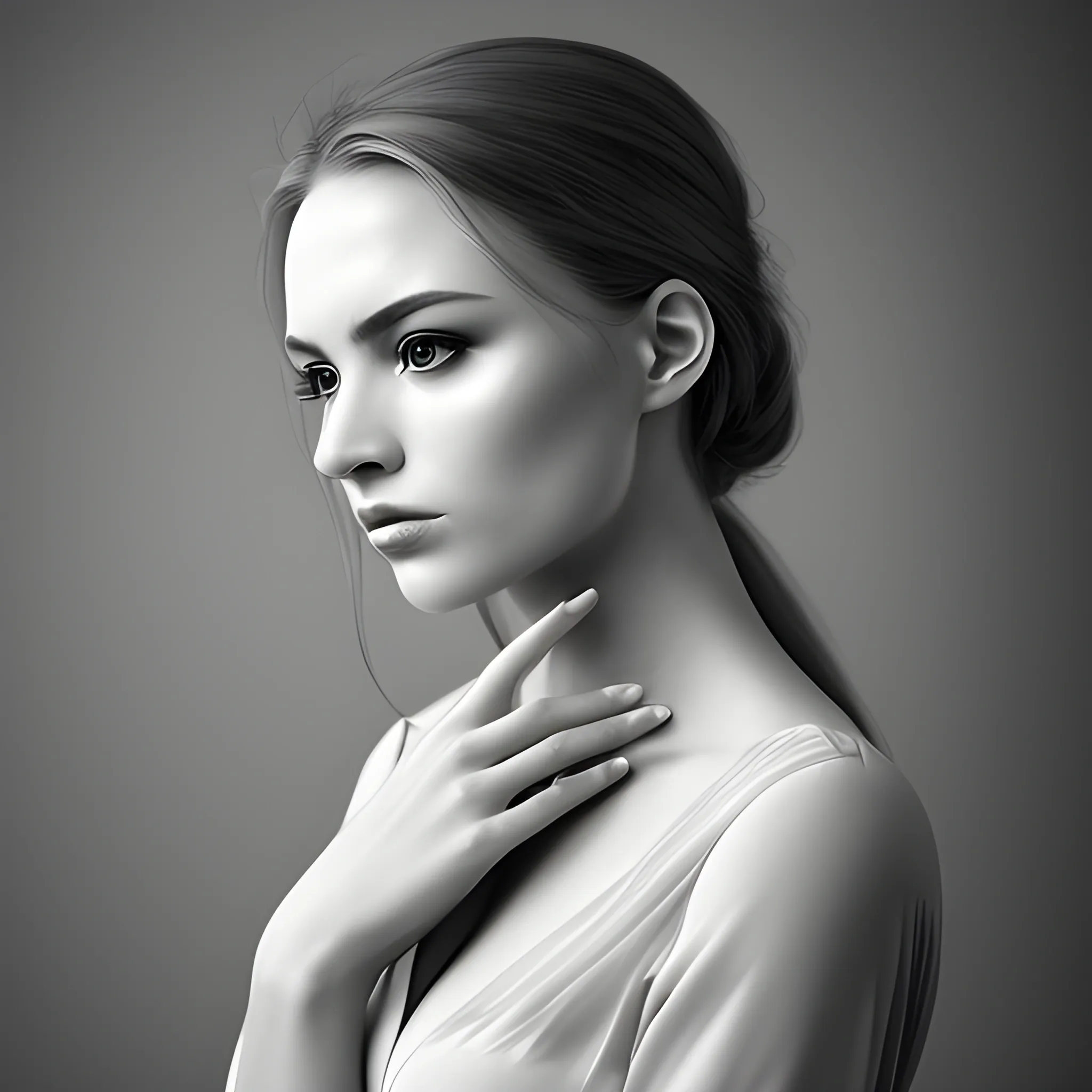 Portrait of beautiful woman, gray tones, solemn and elegant, professional photography, 3D