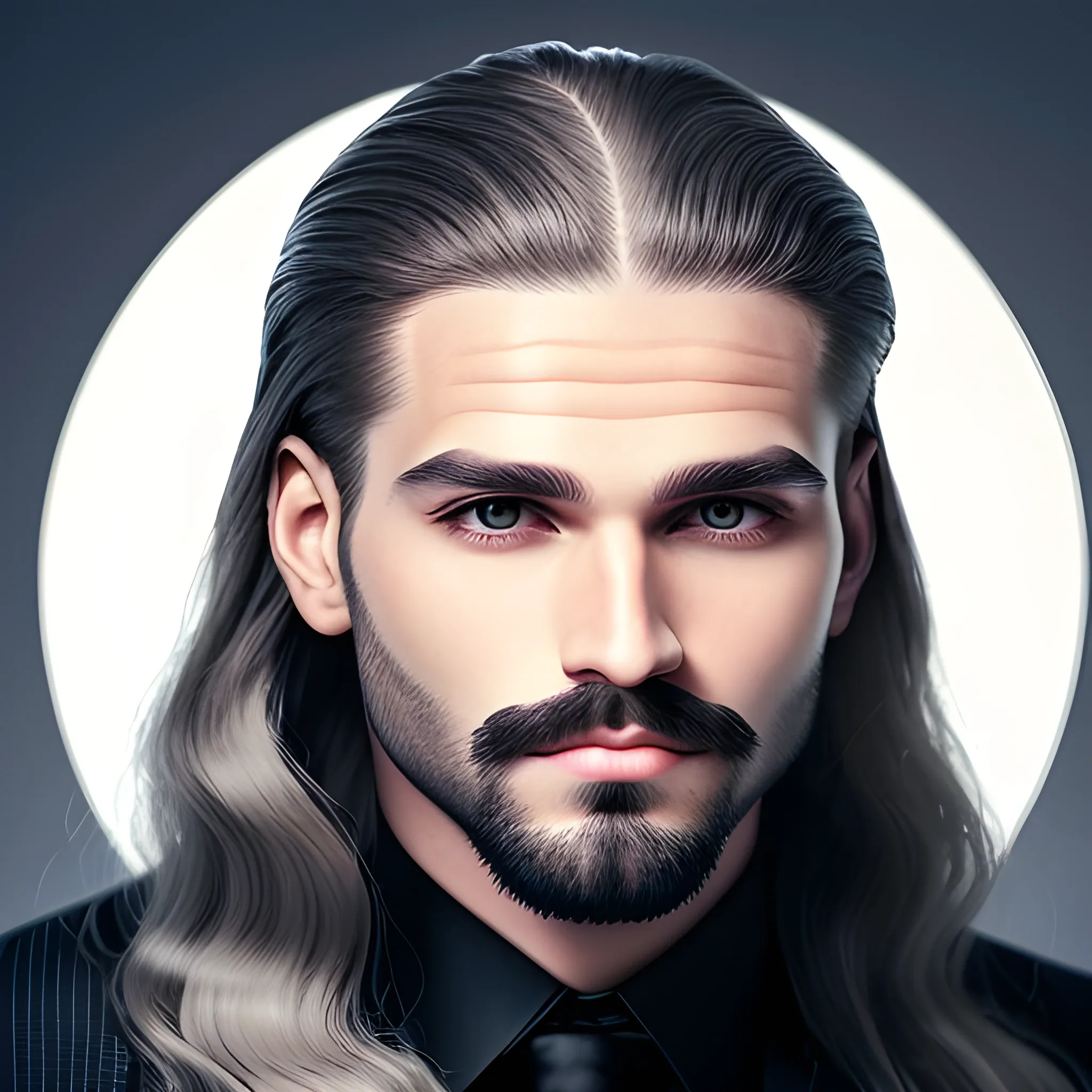 A man with long hair that is 30s-40s and has light facial hair with a diamond shaped head 