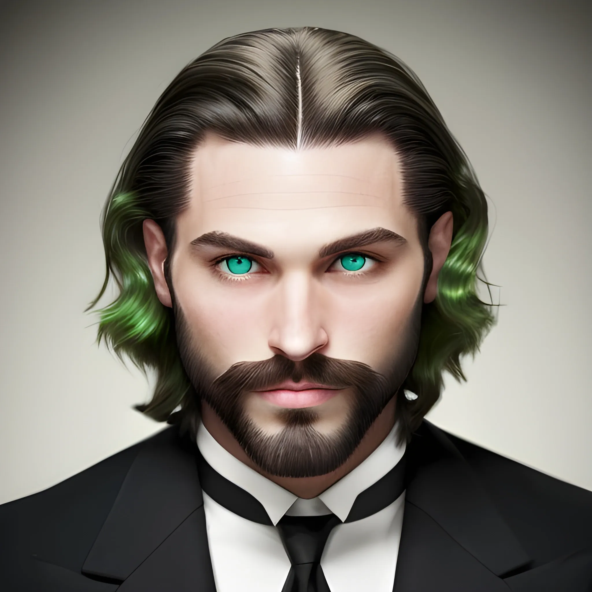 A man with medium length hair that is 30s-40s and has very light facial hair with a diamond shaped head green eyes