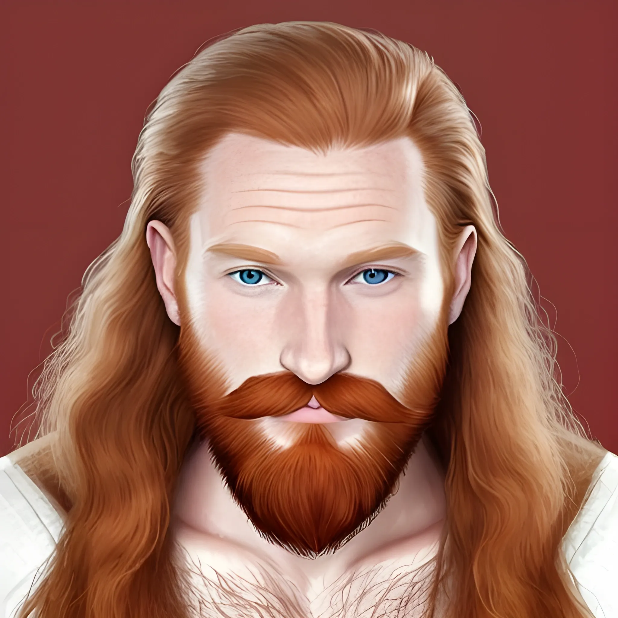 A man with long ginger hair that is 30s-40s and has very light facial hair with a diamond shaped head