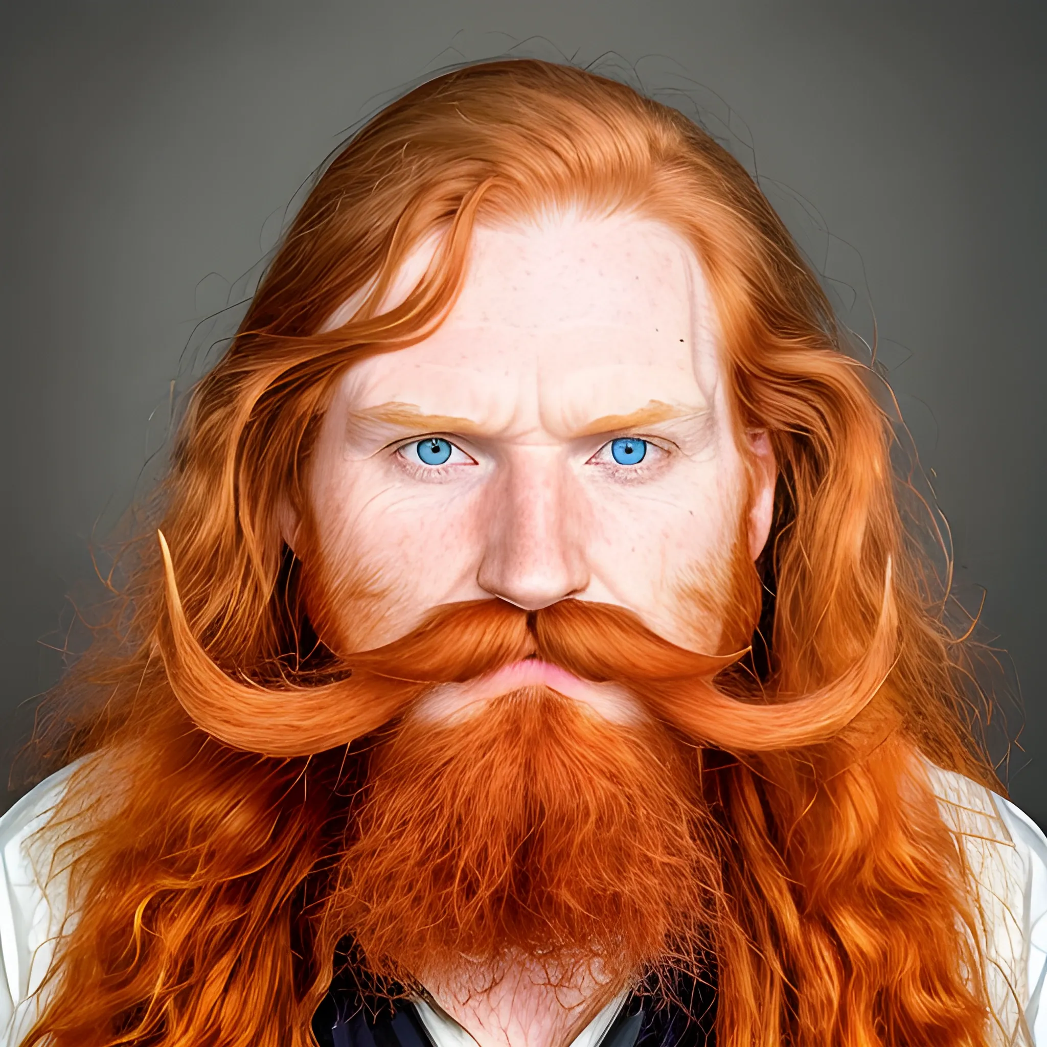 A man with long ginger hair that is 30s-40s and has a handle bar mustache with a long face 