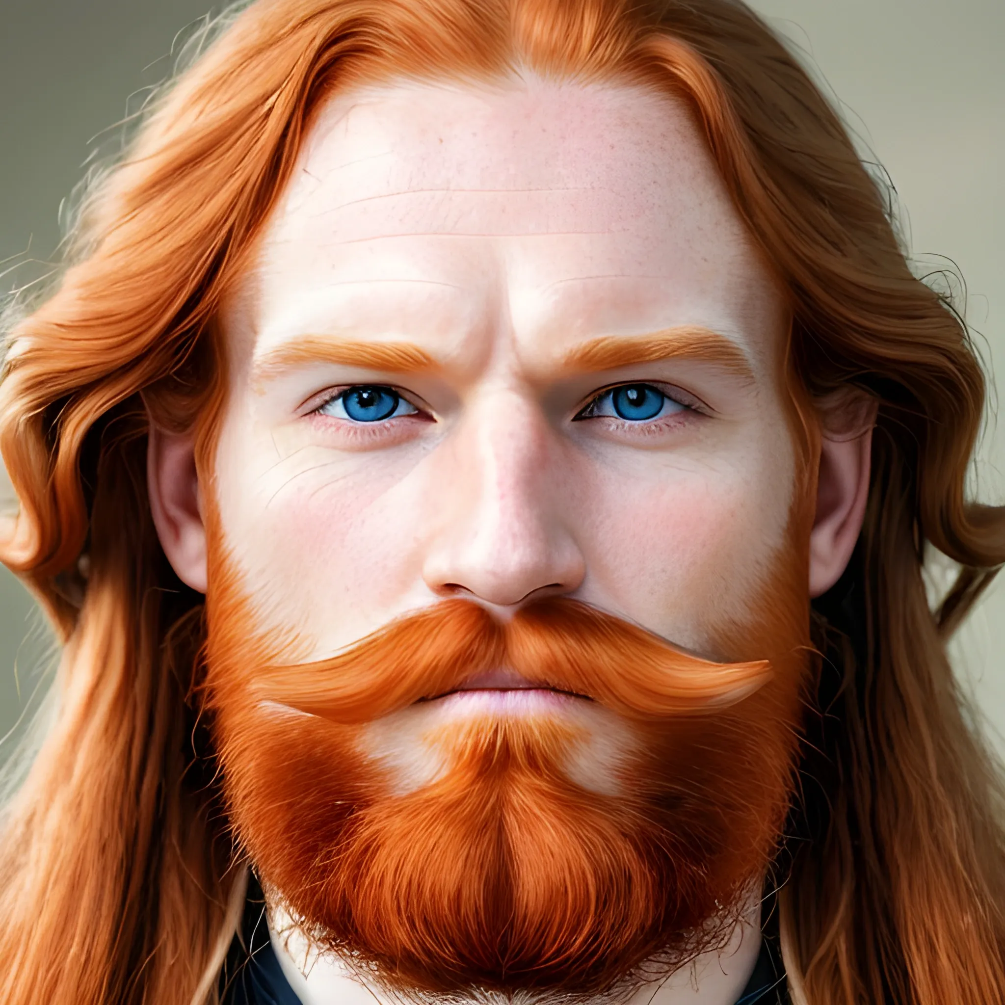 A man with long ginger hair that is 30s-40s and with light facial hair, a long face, soft eyes, professory 