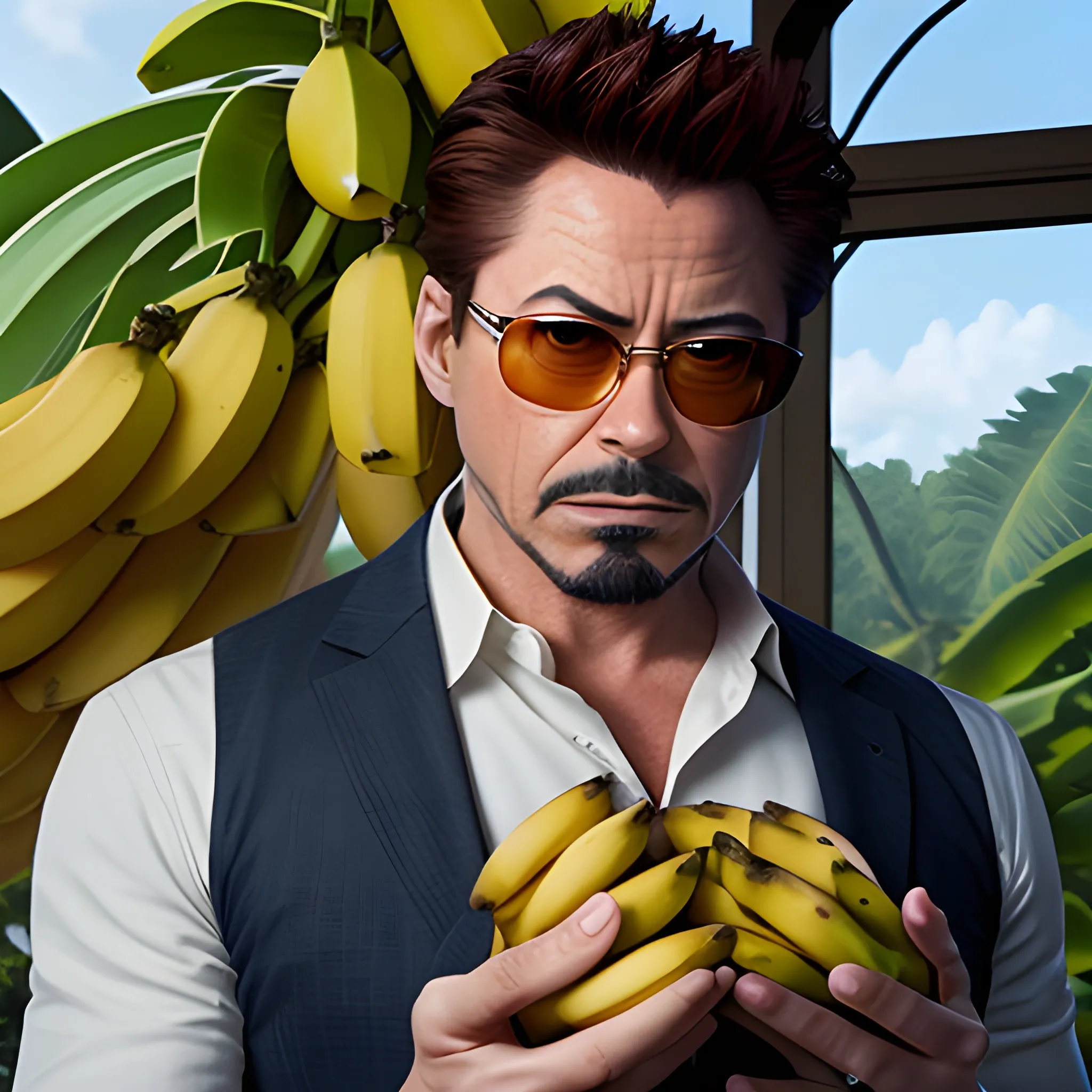 Tony Stark collects bananas on the plantation