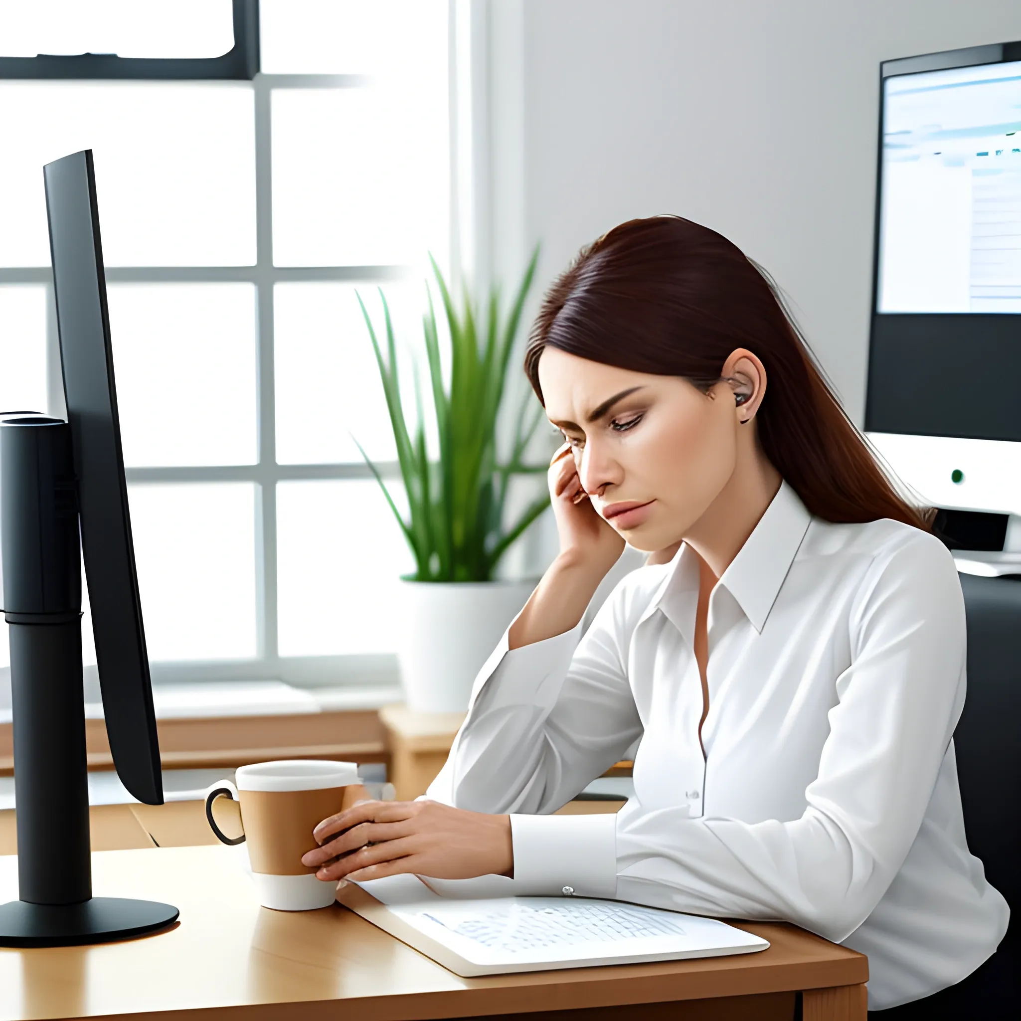 business woman, working at home office, coffe cup at the table, tired look, two monitor screens in a warm environment, realistic