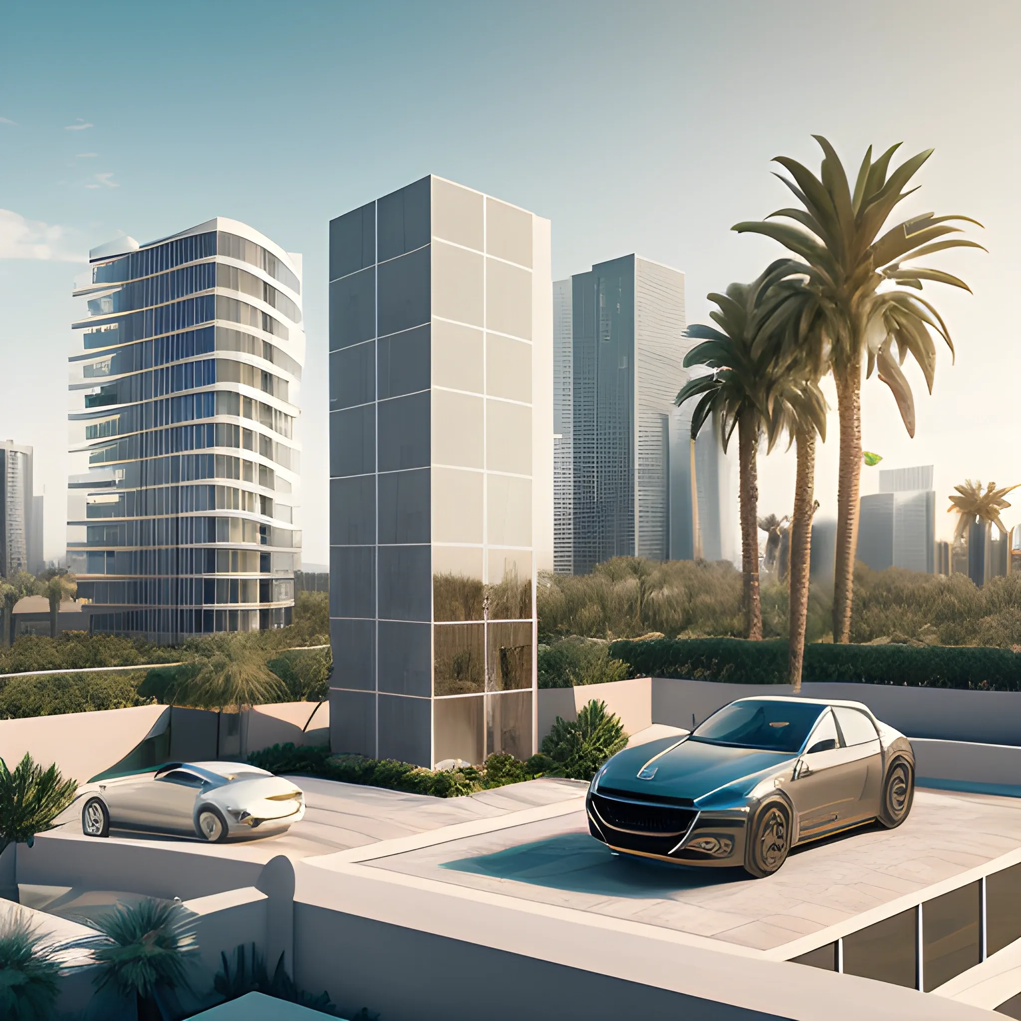 modern tall building with concrete and glass covering ,in a desert, luxury cars on the ground floor, tropical garden on the rooftop, realistic render, photography