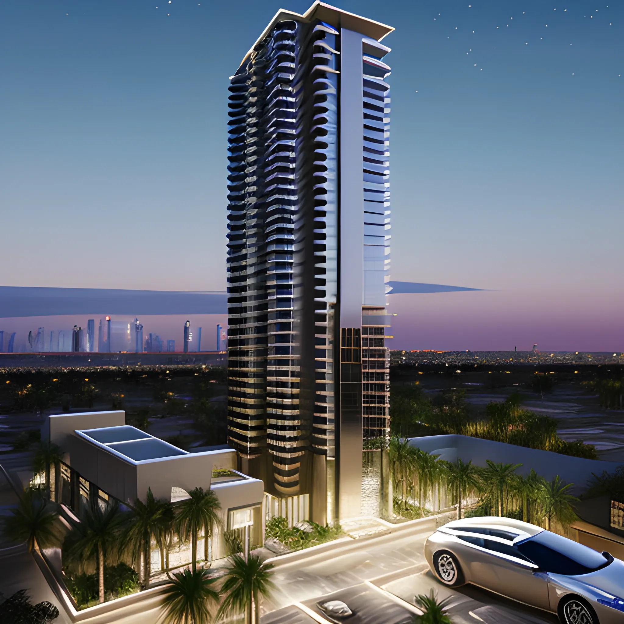 bottom view modern tall building with concrete and glass covering ,in a desert, luxury cars on the ground floor, tropical garden on the rooftop, night with stars, teenagers parting, realistic render, photography