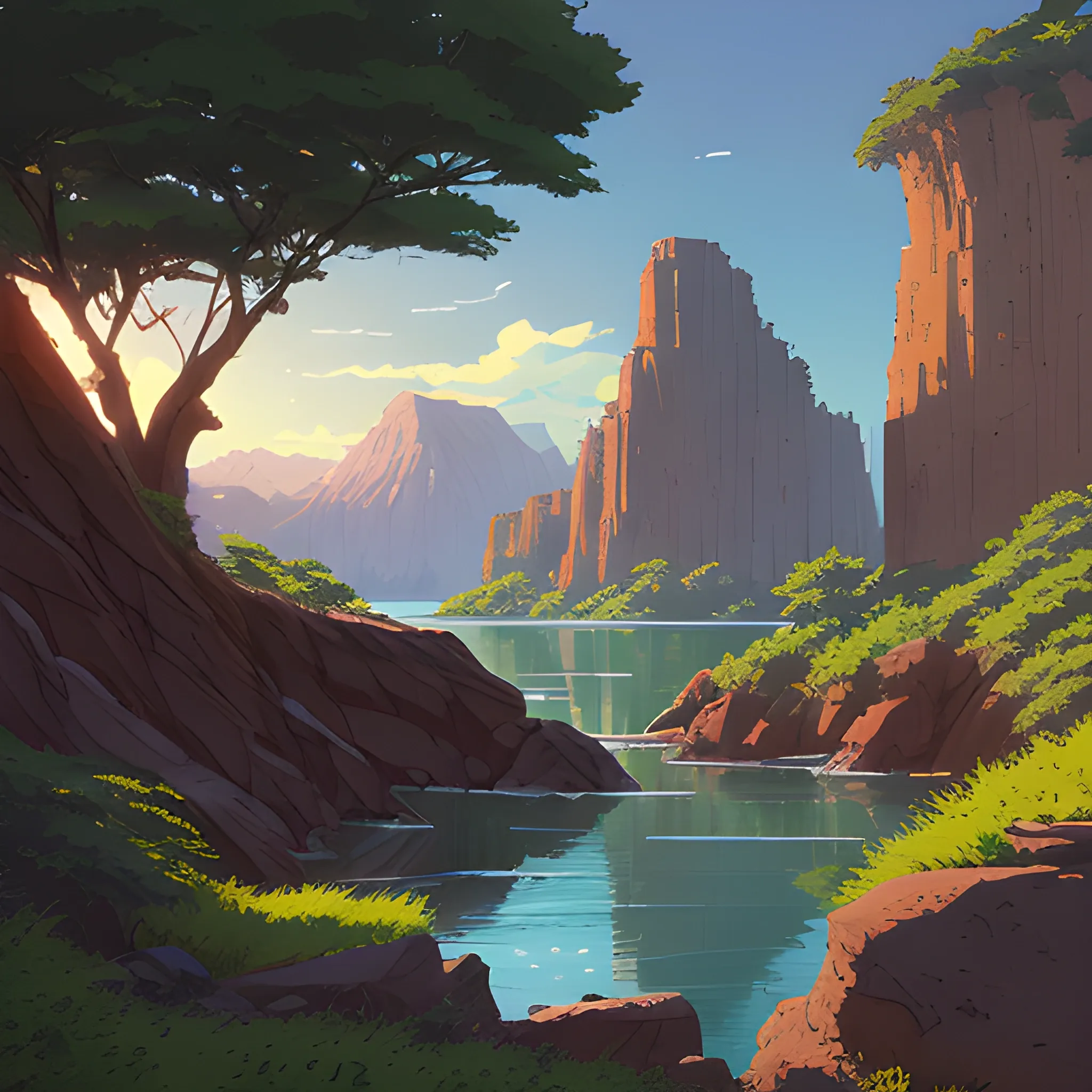 horizontal view with bush and rocks... in the style of makoto shinkai and greg rutkowski and albert bierstadt and james gurney, Cartoon