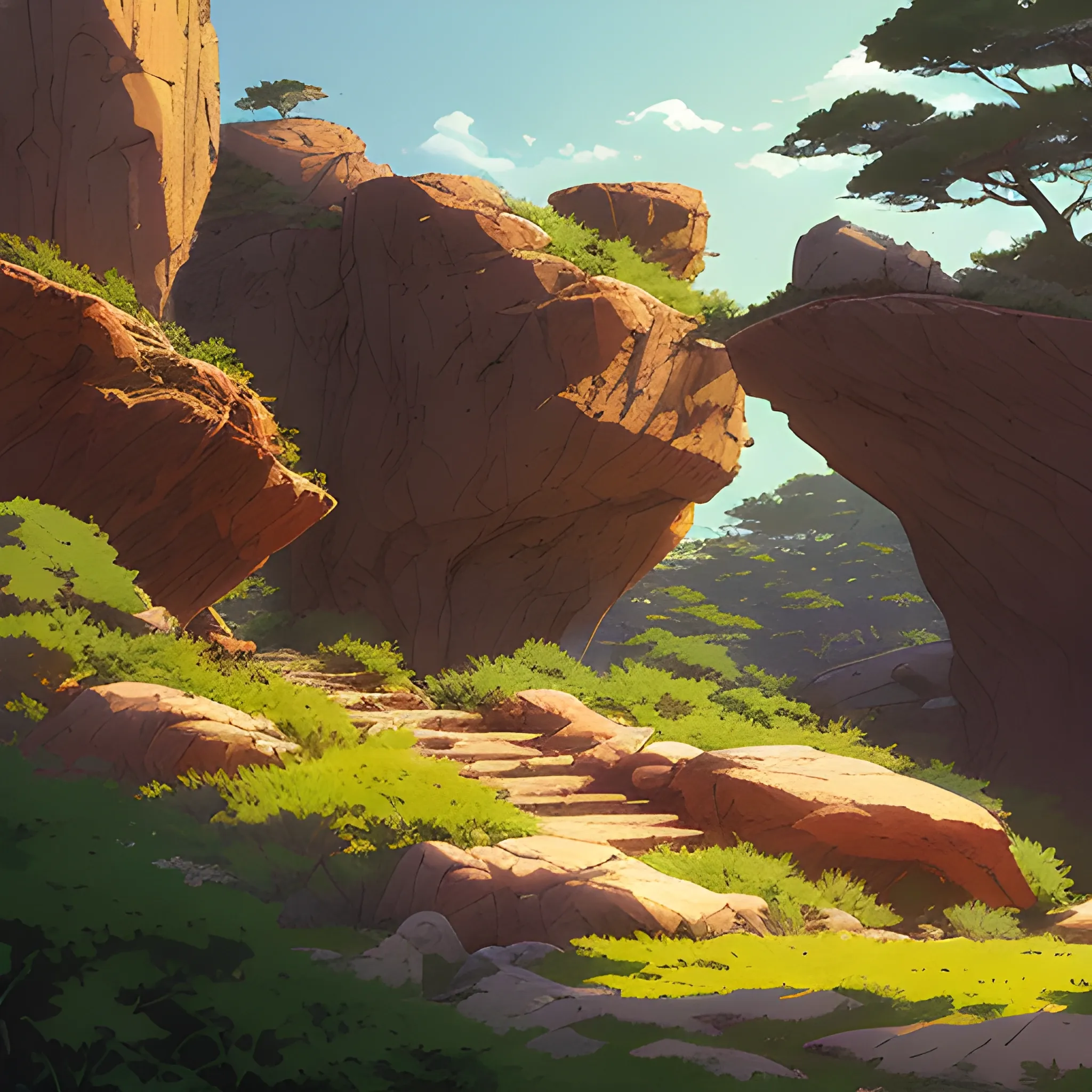 horizontal view with bush and rocks... in the style of makoto shinkai and greg rutkowski and albert bierstadt and james gurney, Cartoon