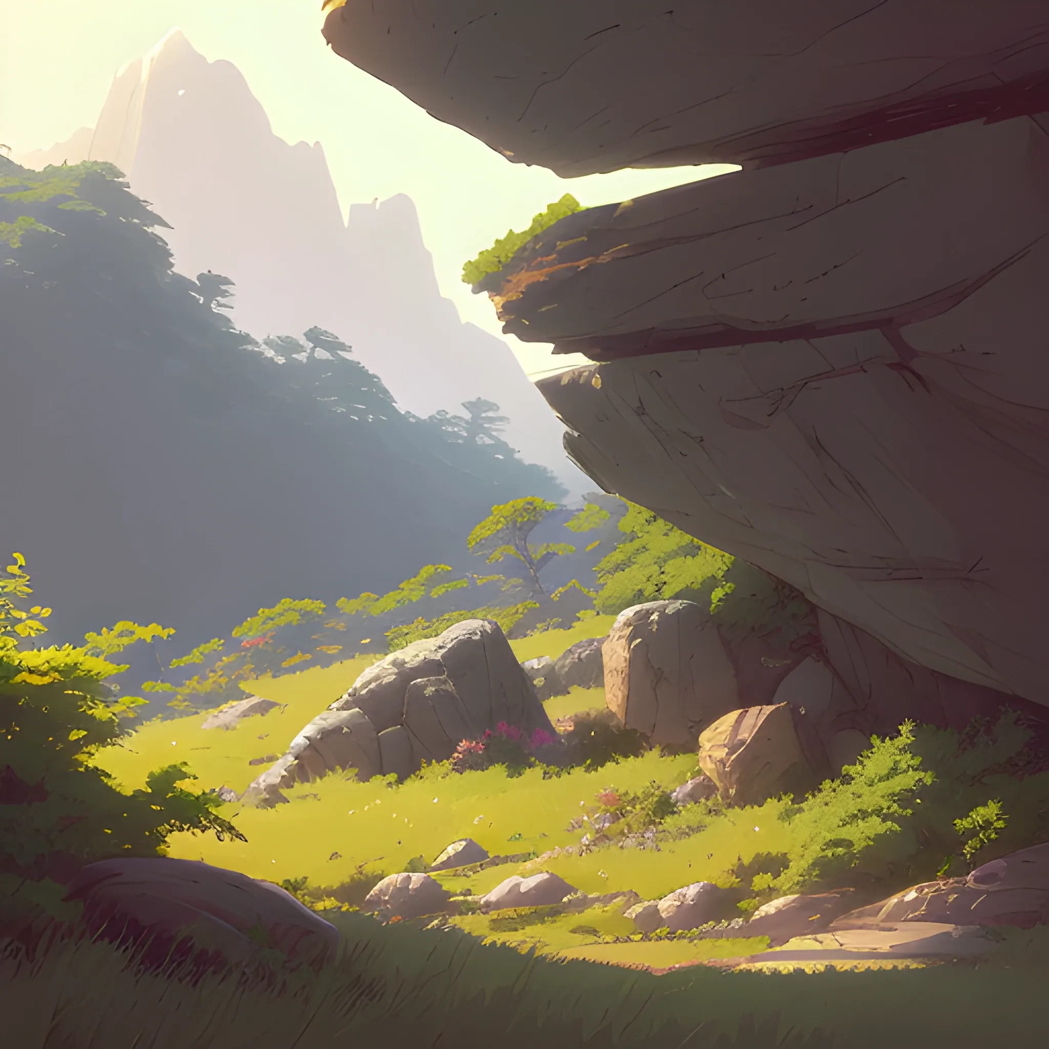 horizontal view with bush and rocks... in the style of makoto shinkai and greg rutkowski and albert bierstadt and james gurney, Cartoon