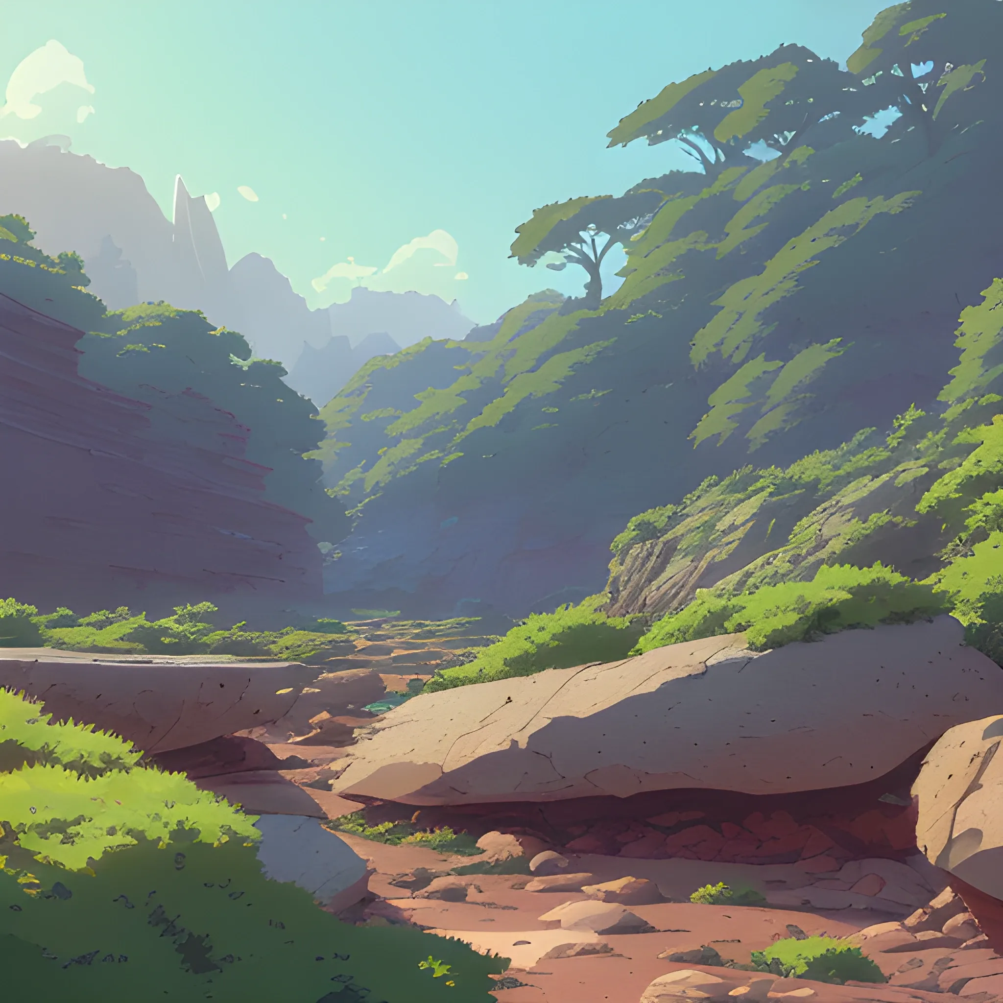 horizontal view with bush and rocks... in the style of makoto shinkai and greg rutkowski and albert bierstadt and james gurney, Cartoon