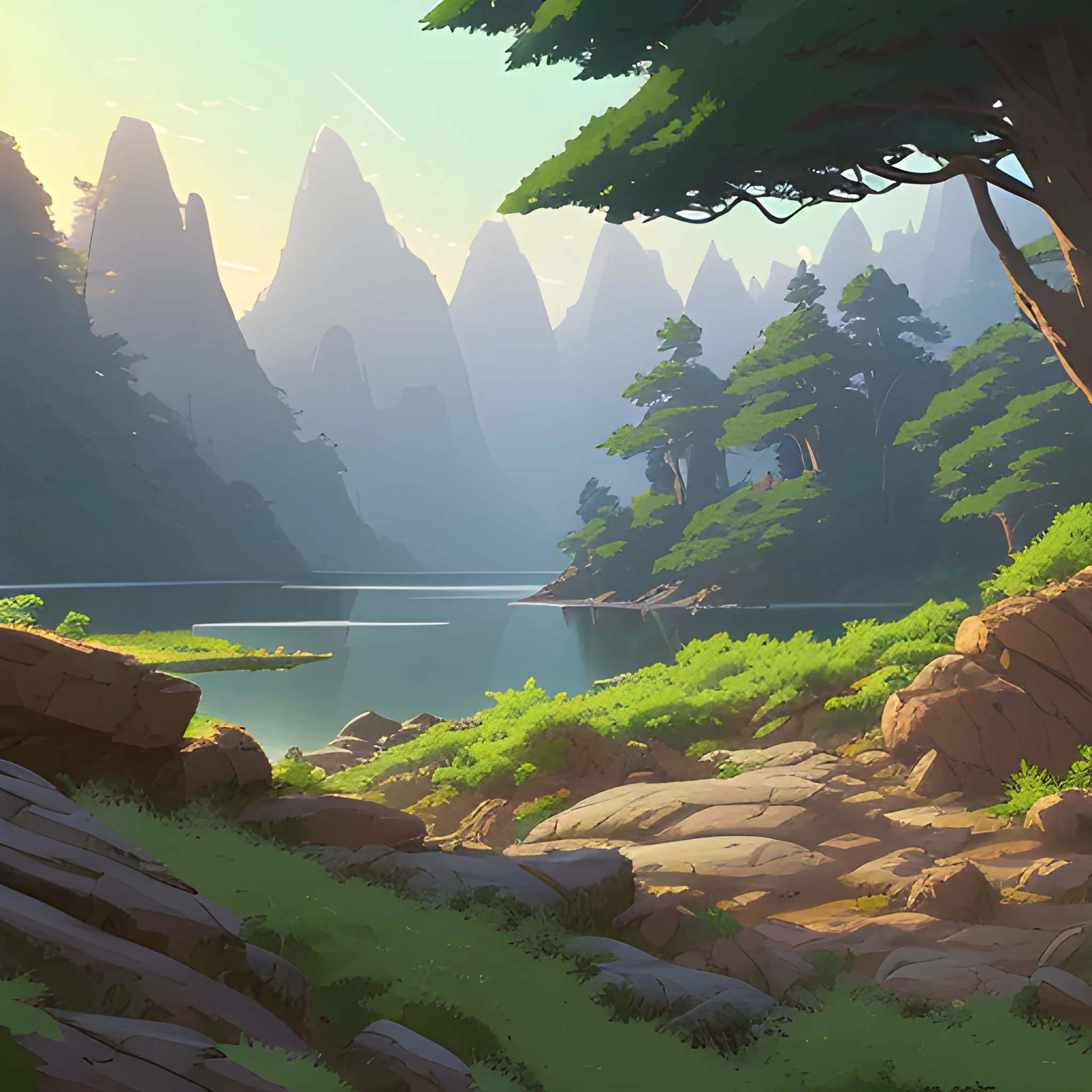 horizontal view with bush and rocks... in the style of makoto shinkai and greg rutkowski and albert bierstadt and james gurney, Cartoon