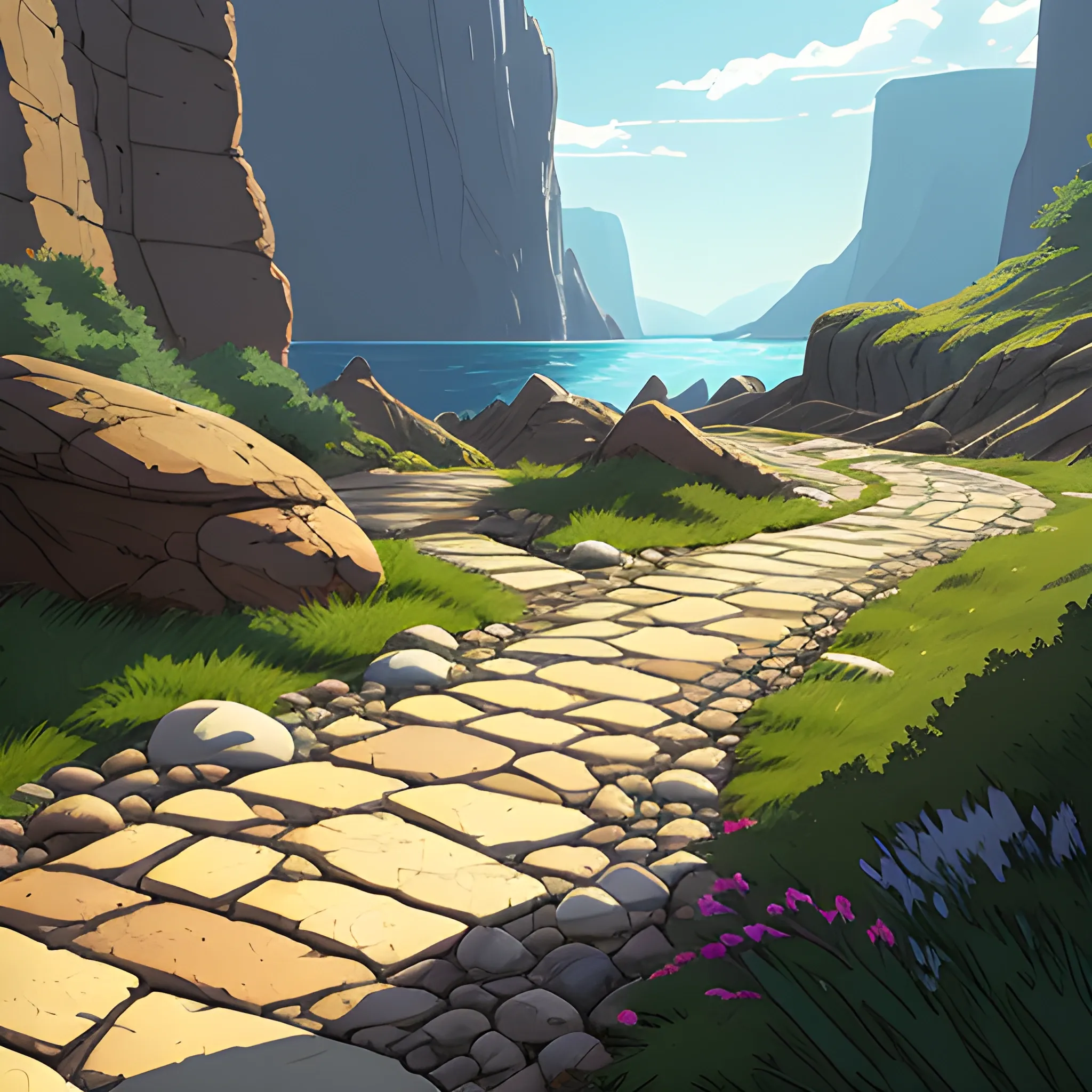 small path with pebbles and brush and some rocks... in the style of makoto shinkai and greg rutkowski and albert bierstadt and james gurney, Cartoon