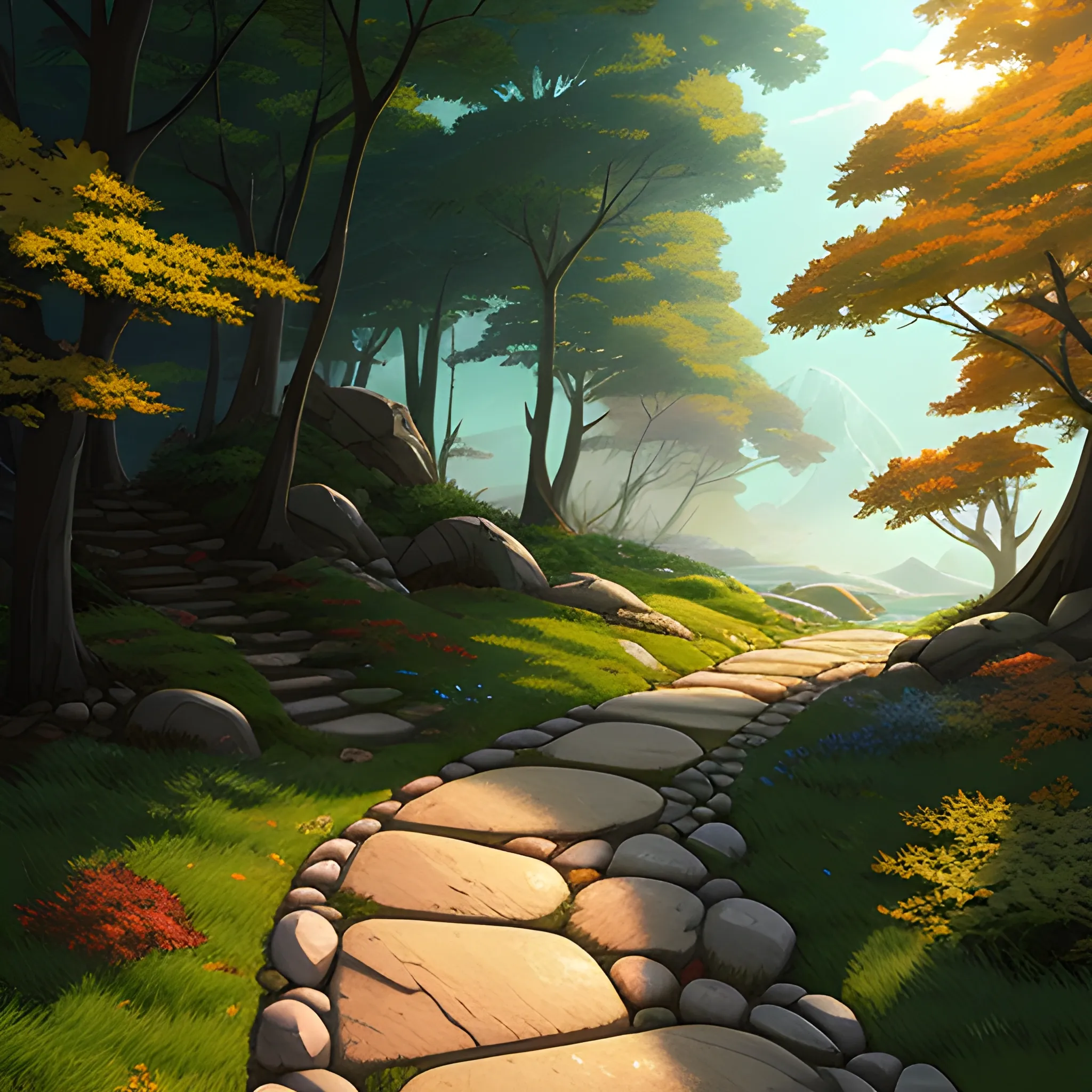 small path with pebbles and brush and some rocks... in the style of makoto shinkai and greg rutkowski and albert bierstadt and james gurney, Cartoon