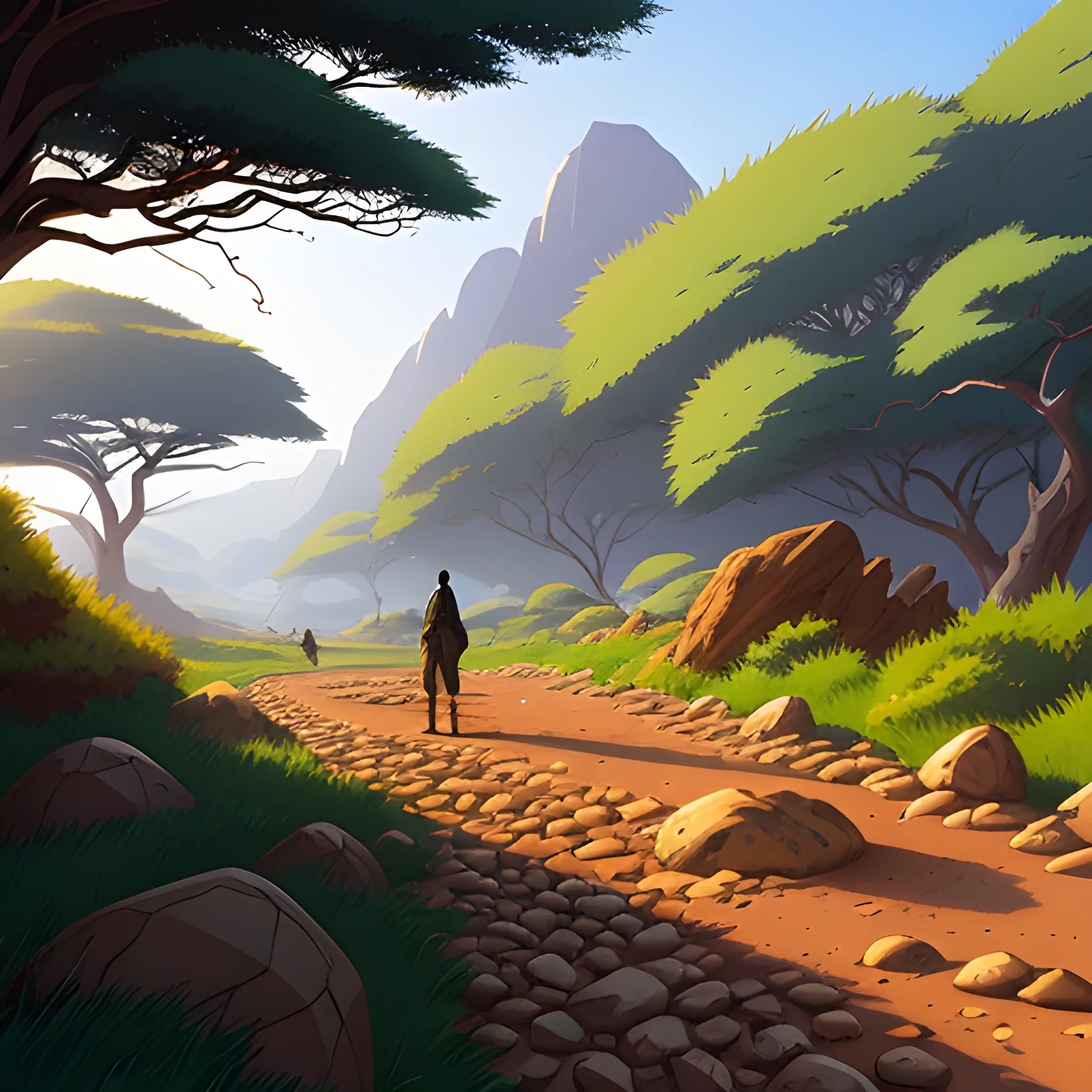 in africa small path with pebbles and brush and some rocks... in the style of makoto shinkai and greg rutkowski and albert bierstadt and james gurney, Cartoon