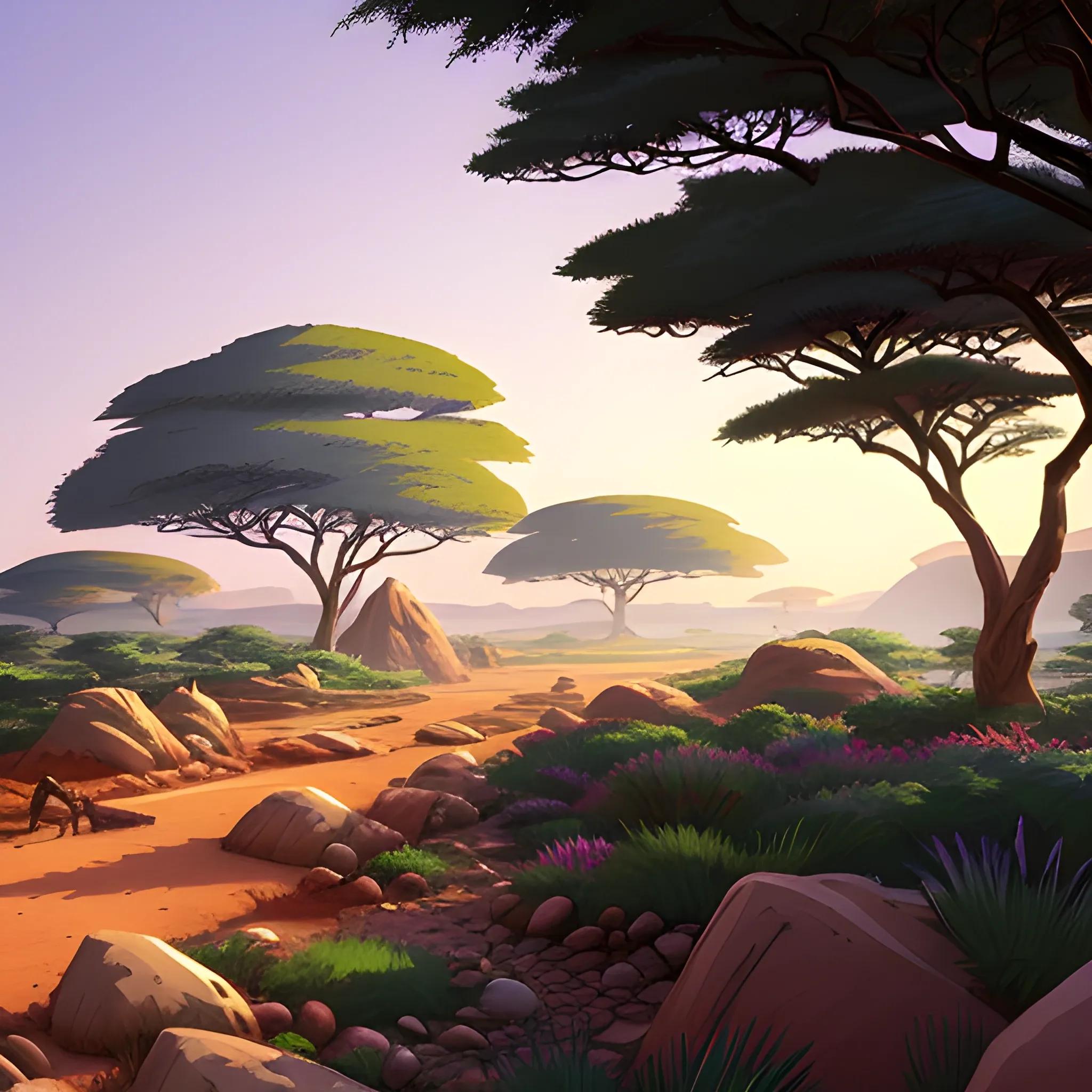 in africa small path with pebbles and brush and some rocks... in the style of makoto shinkai and greg rutkowski and albert bierstadt and james gurney, Cartoon