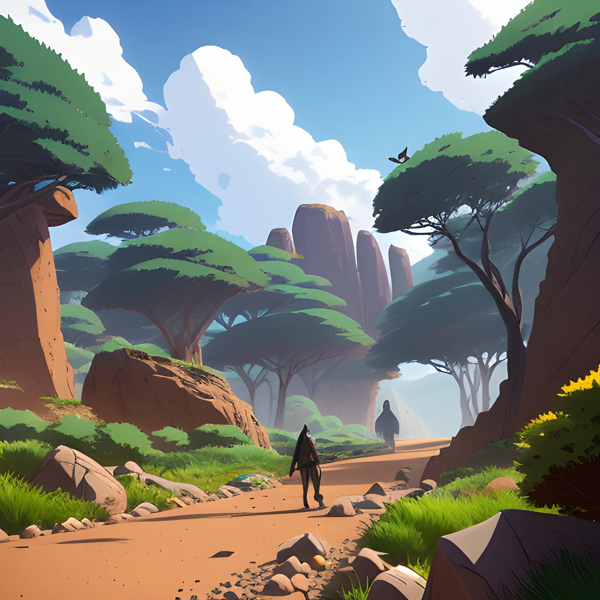 in africa, law angle, small path with pebbles and brush and some rocks... in the style of makoto shinkai and greg rutkowski and albert bierstadt and james gurney, Cartoon