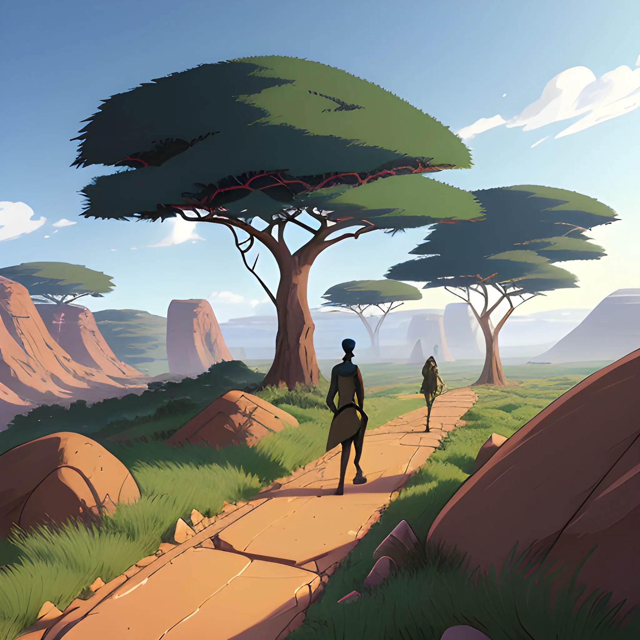 in africa, law angle, small path with pebbles and brush and some rocks... in the style of makoto shinkai and greg rutkowski and albert bierstadt and james gurney, Cartoon