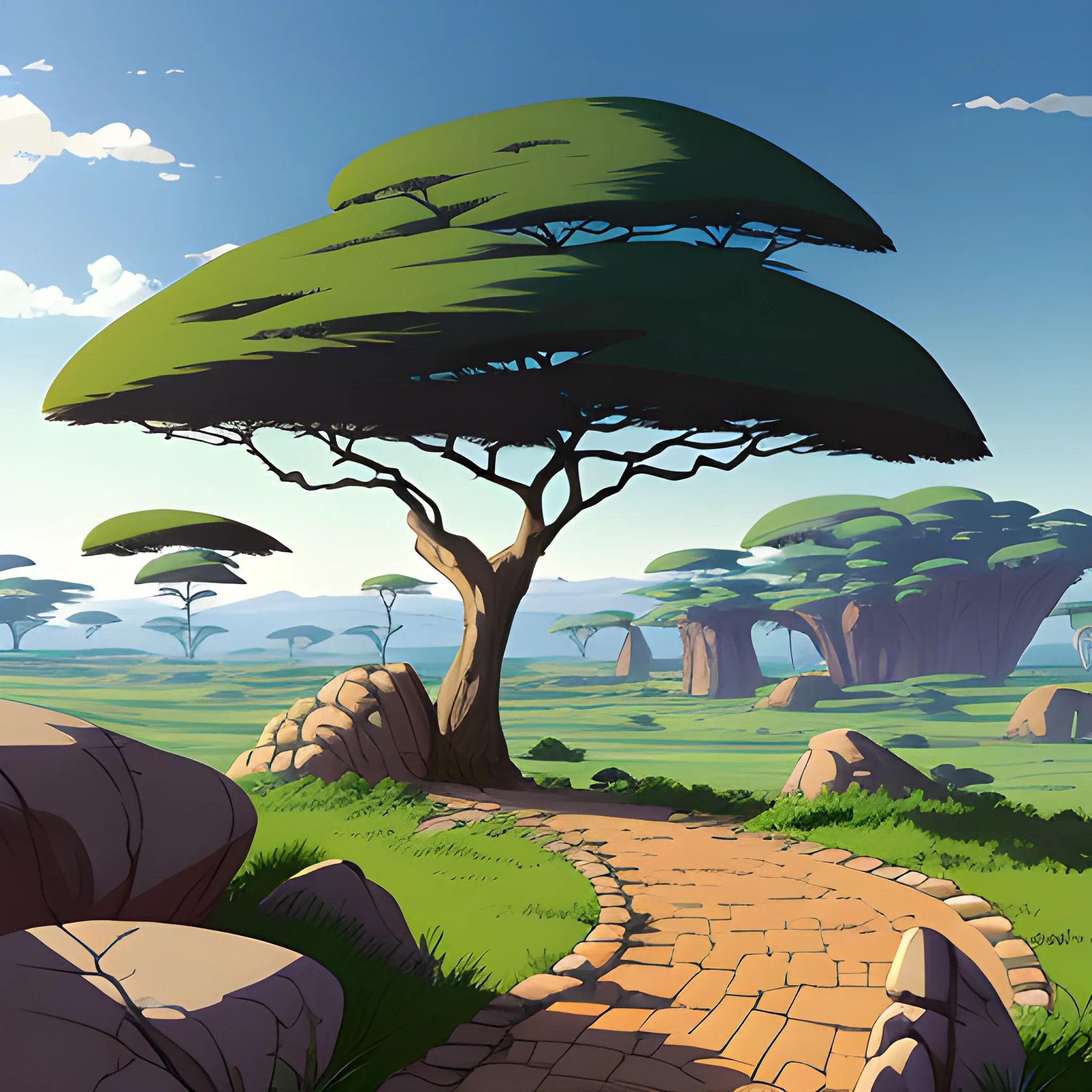 in africa, law angle, small path with pebbles and brush and some rocks... in the style of makoto shinkai and greg rutkowski and albert bierstadt and james gurney, Cartoon