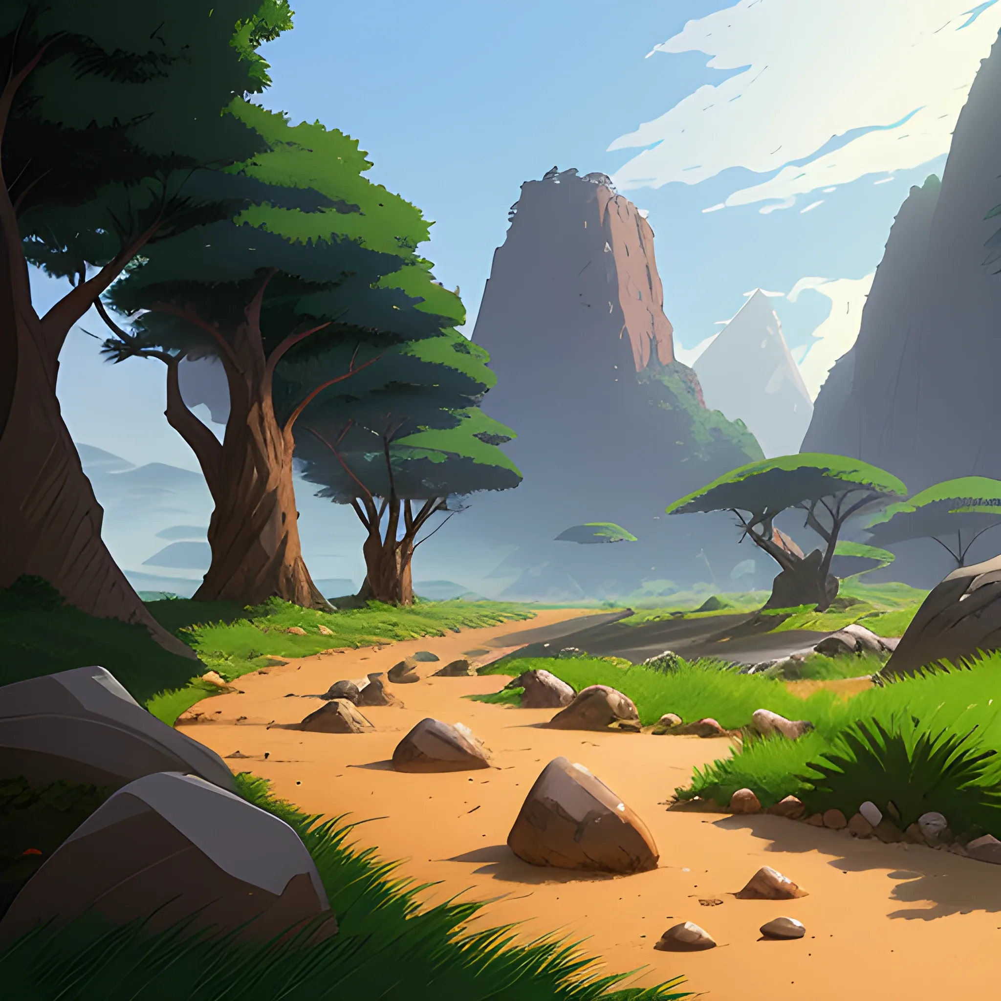 in africa, law angle, small path with pebbles and brush and some rocks... in the style of makoto shinkai and greg rutkowski and albert bierstadt and james gurney, Cartoon