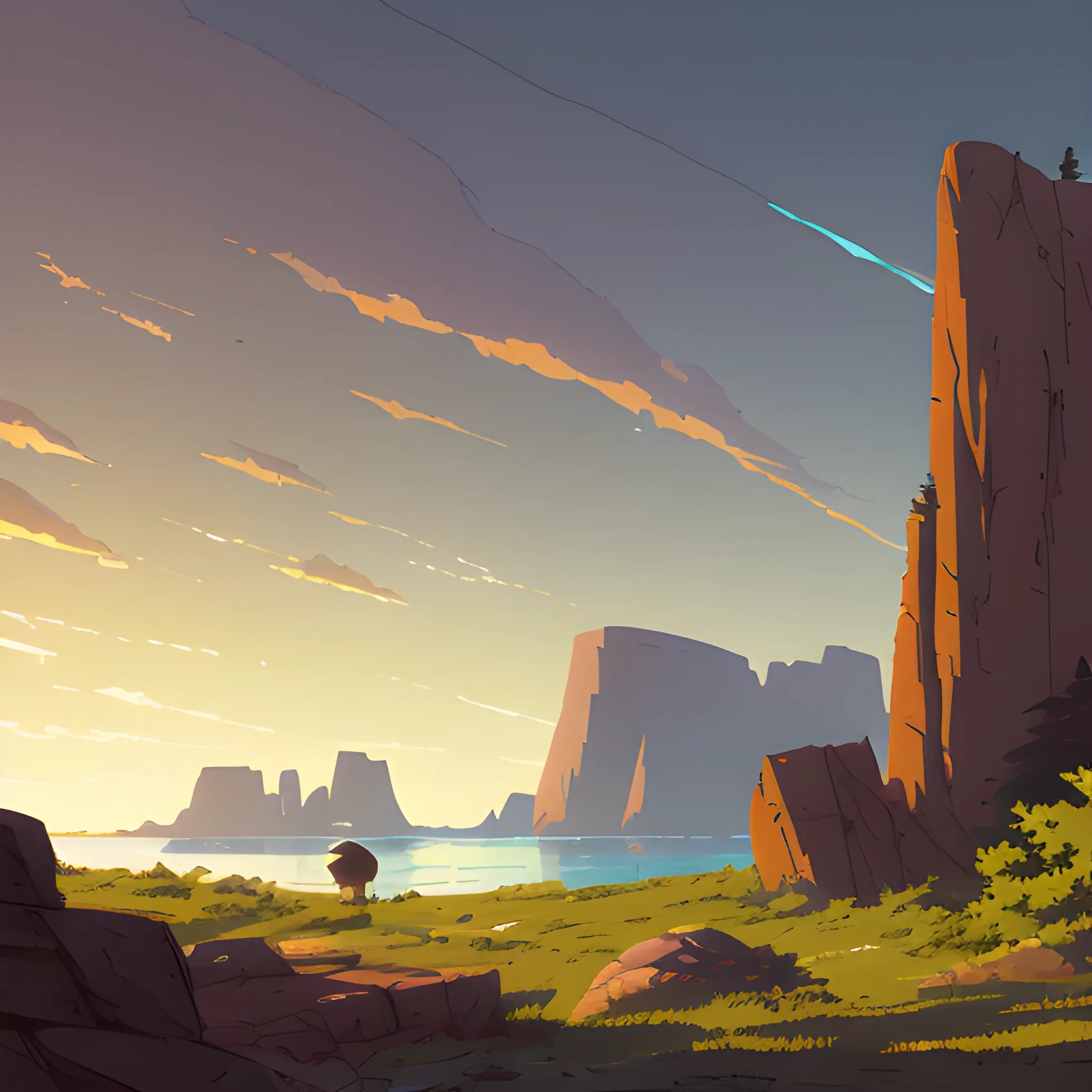 brush and some rocks... in the style of makoto shinkai and greg rutkowski and albert bierstadt and james gurney, Cartoon