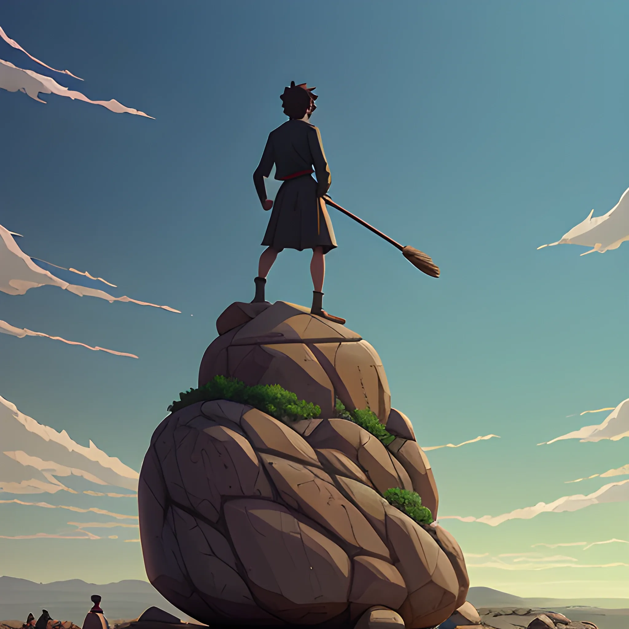 brush with giant statuettes and some rocks... in the style of makoto shinkai and greg rutkowski and albert bierstadt and james gurney, Cartoon