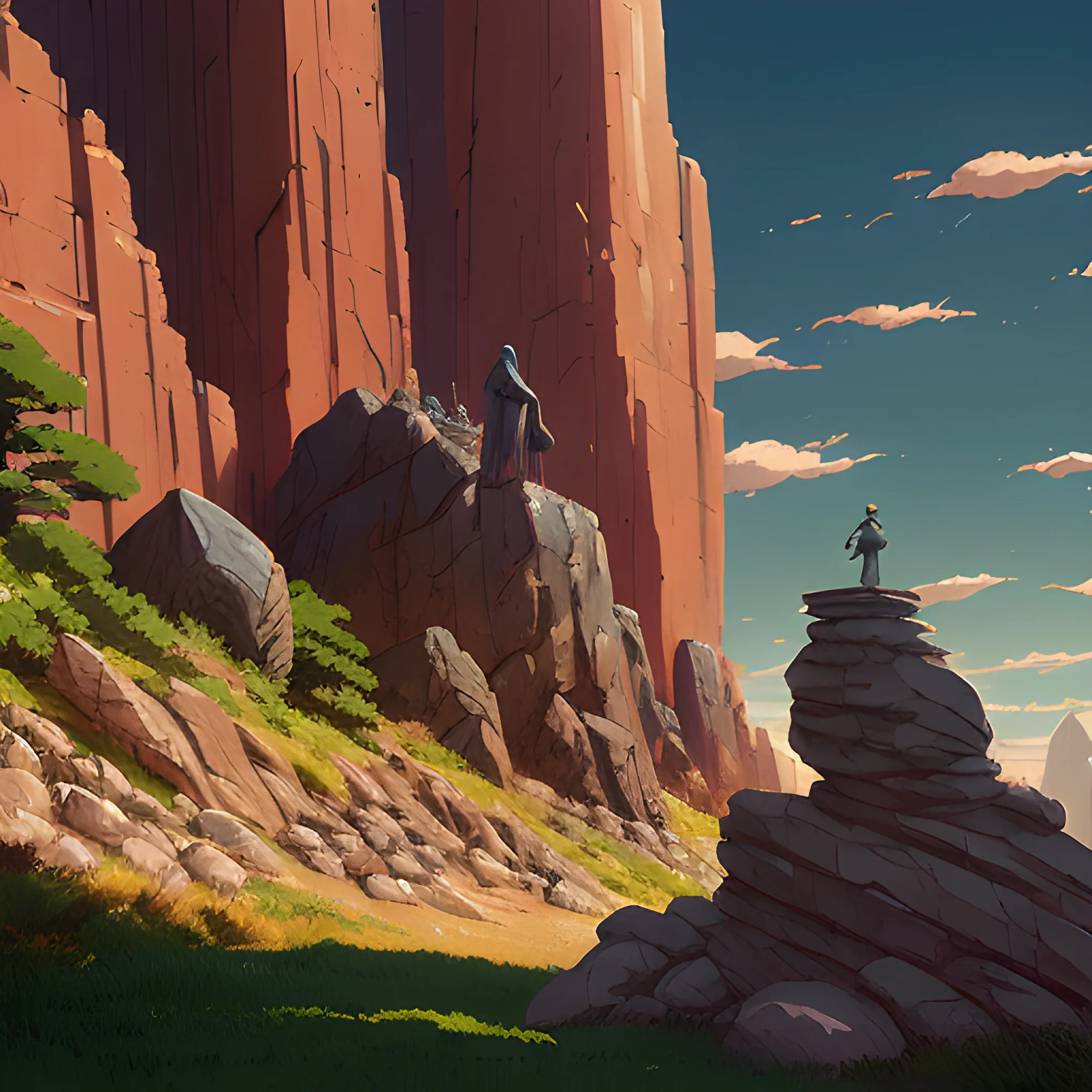 brush with giant statuettes and some rocks... in the style of makoto shinkai and greg rutkowski and albert bierstadt and james gurney, Cartoon