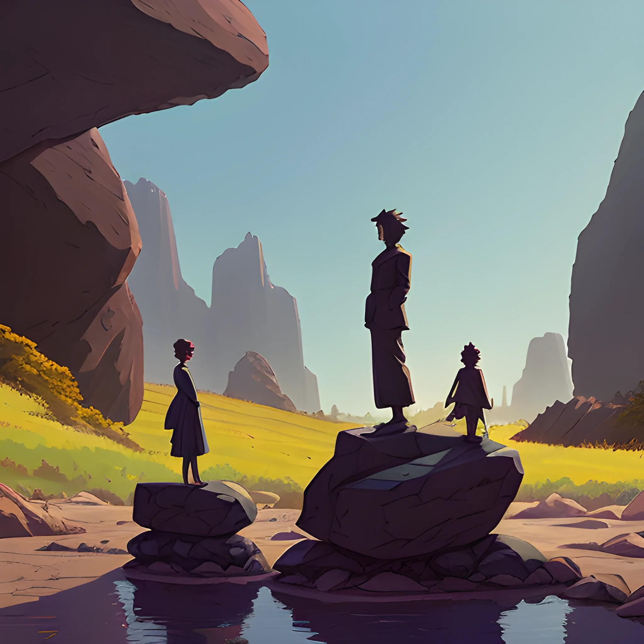 brush with giant statuettes and some rocks... in the style of makoto shinkai and greg rutkowski and albert bierstadt and james gurney, Cartoon