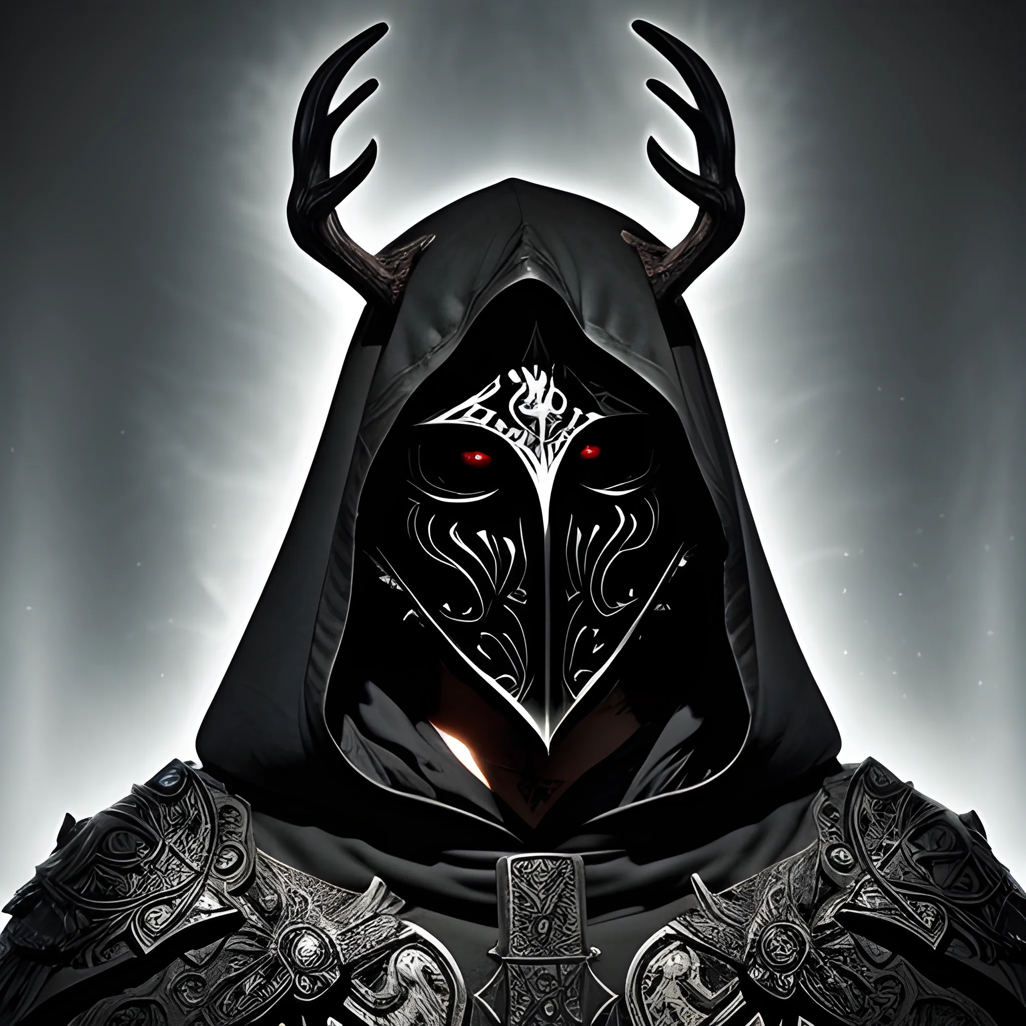 Create a fantasy style image of a scourge aasimar paladin wearing a hooded cloak and a heavy metal tattoo like mask that covers his face. Both eye sockets glow bight with radiant light as if a deer in the headlights. Background is heavenly but dark and eerie.