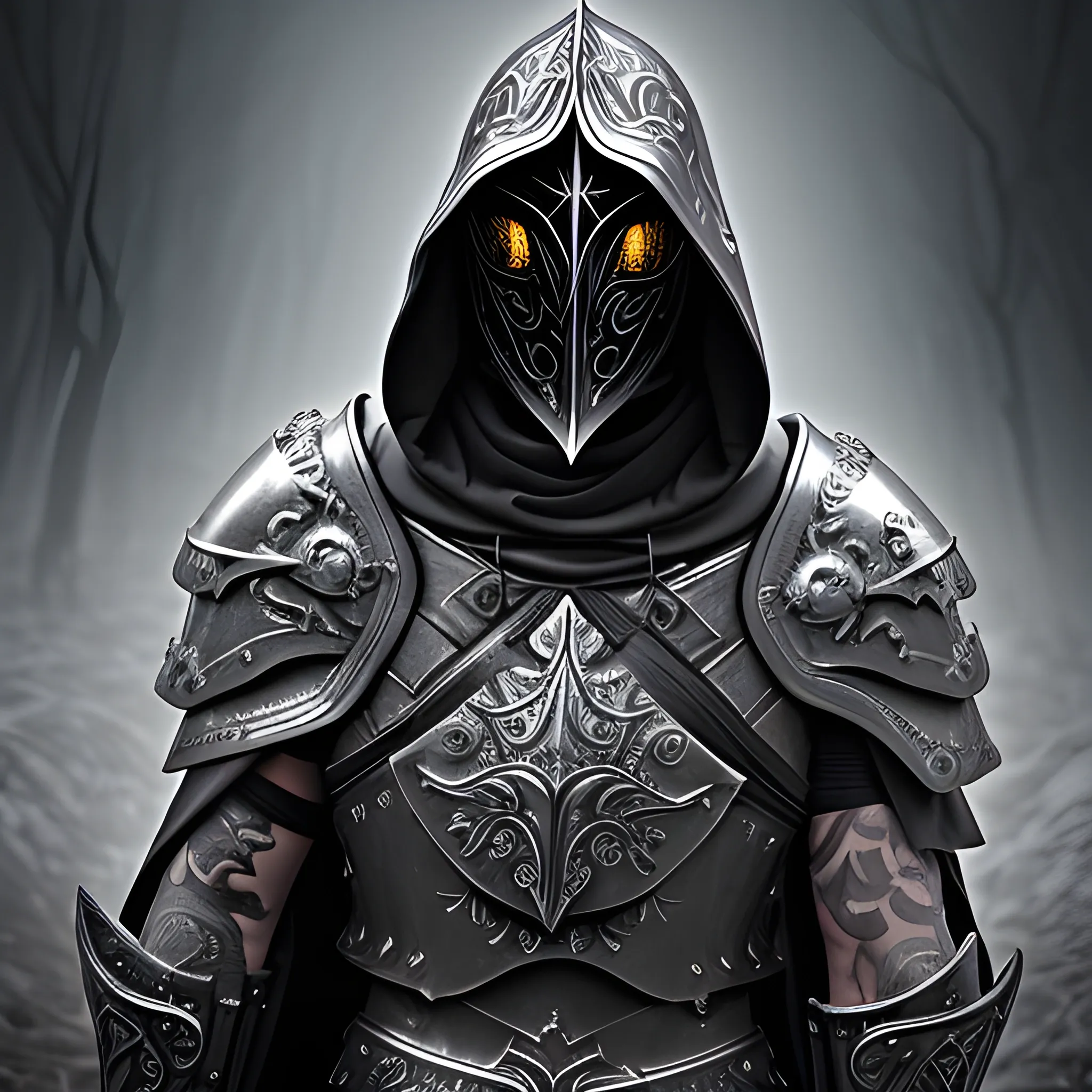 Create a realistic fantasy style image of a scourge aasimar paladin wearing silver plate armor and a hooded cloak with a heavy metal tattoo like mask that covers his face. Both eye sockets glow bight with radiant light as if a deer in the headlights. Background is heavenly but dark and eerie.