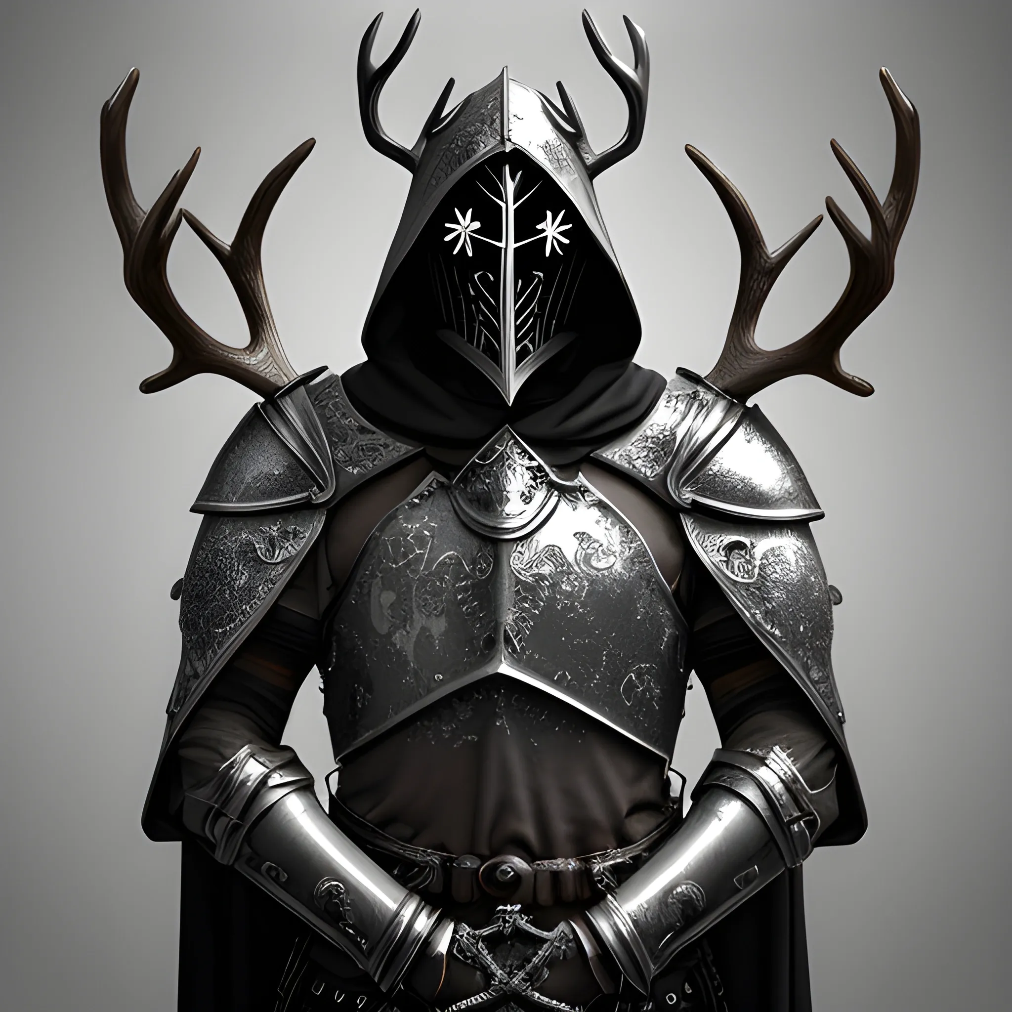 Create a realistic fantasy style image of a scourge aasimar paladin wearing silver plate armor and a hooded cloak with a heavy metal tattoo like mask that covers his face. He has deer antlers coming out of his shoulders. Both eye sockets glow bight with radiant light as if a deer in the headlights. Background is heavenly but dark and eerie.