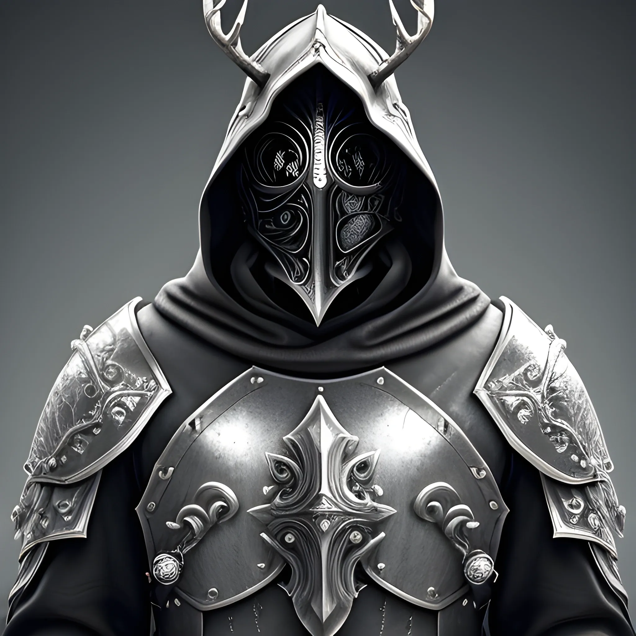 Create a realistic fantasy style image of a scourge aasimar paladin wearing silver plate armor and a hooded cloak with a heavy metal tattoo like mask that covers his face. He has deer antlers coming out of his shoulders. Both eye sockets are solid white. Background is heavenly but dark and eerie.