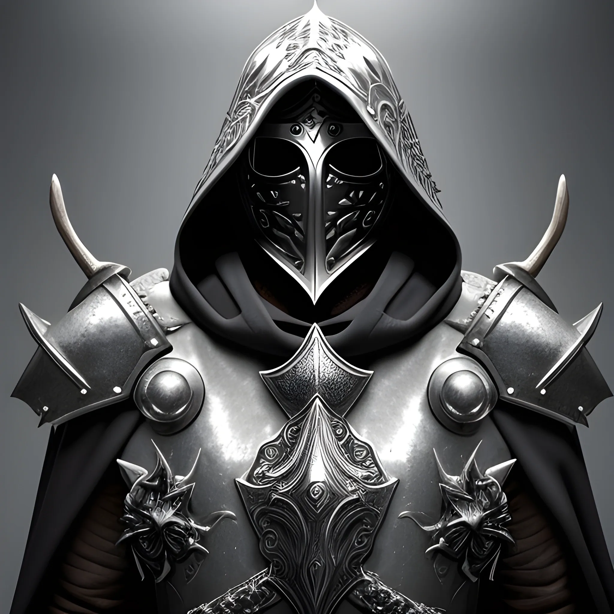 Create a realistic fantasy style image of a scourge aasimar paladin wearing silver plate armor and a hooded cloak with a heavy metal tattoo like mask that covers his face. He has deer antlers coming out of his shoulders. Both eye sockets are solid white. Background is heavenly but dark and eerie.