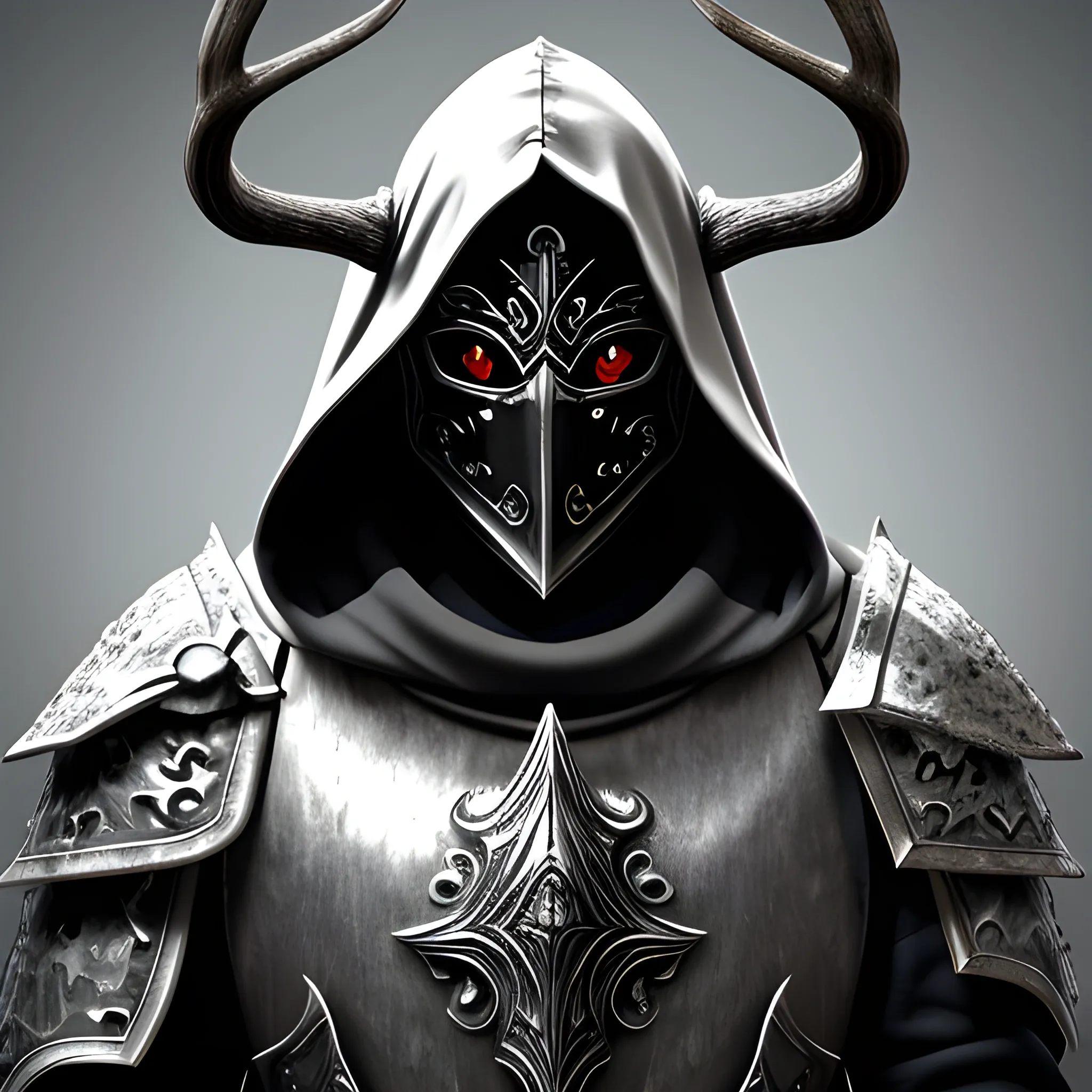 Create a realistic fantasy style image of a scourge aasimar paladin wearing silver plate armor and a hooded cloak with a heavy metal tattoo like mask that covers his face. He has deer antlers coming out of his shoulders. Both eye sockets are solid white. Background is heavenly but dark and eerie.