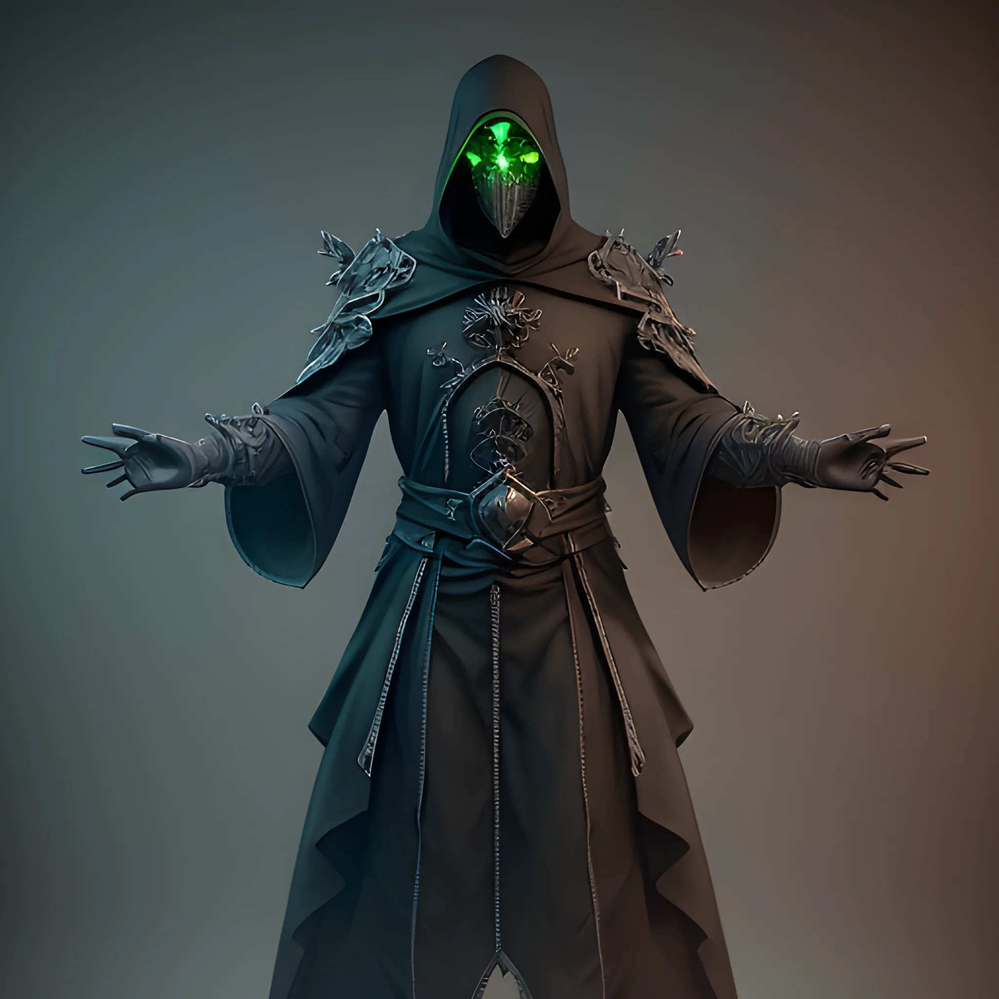 Male Necromancer, Layered Black robes, Featureless smooth mask, Wisps of green energy on the hands, Shards of Emeralds on the cloths, full body view, 8k, high resolution, high quality, photorealistic, hyperrealistic, detailed, detailed matte painting, deep color, fantastical, intricate detail, splash screen, complementary colors, fantasy concept art, 8k resolution trending on Artstation Unreal Engine 5


