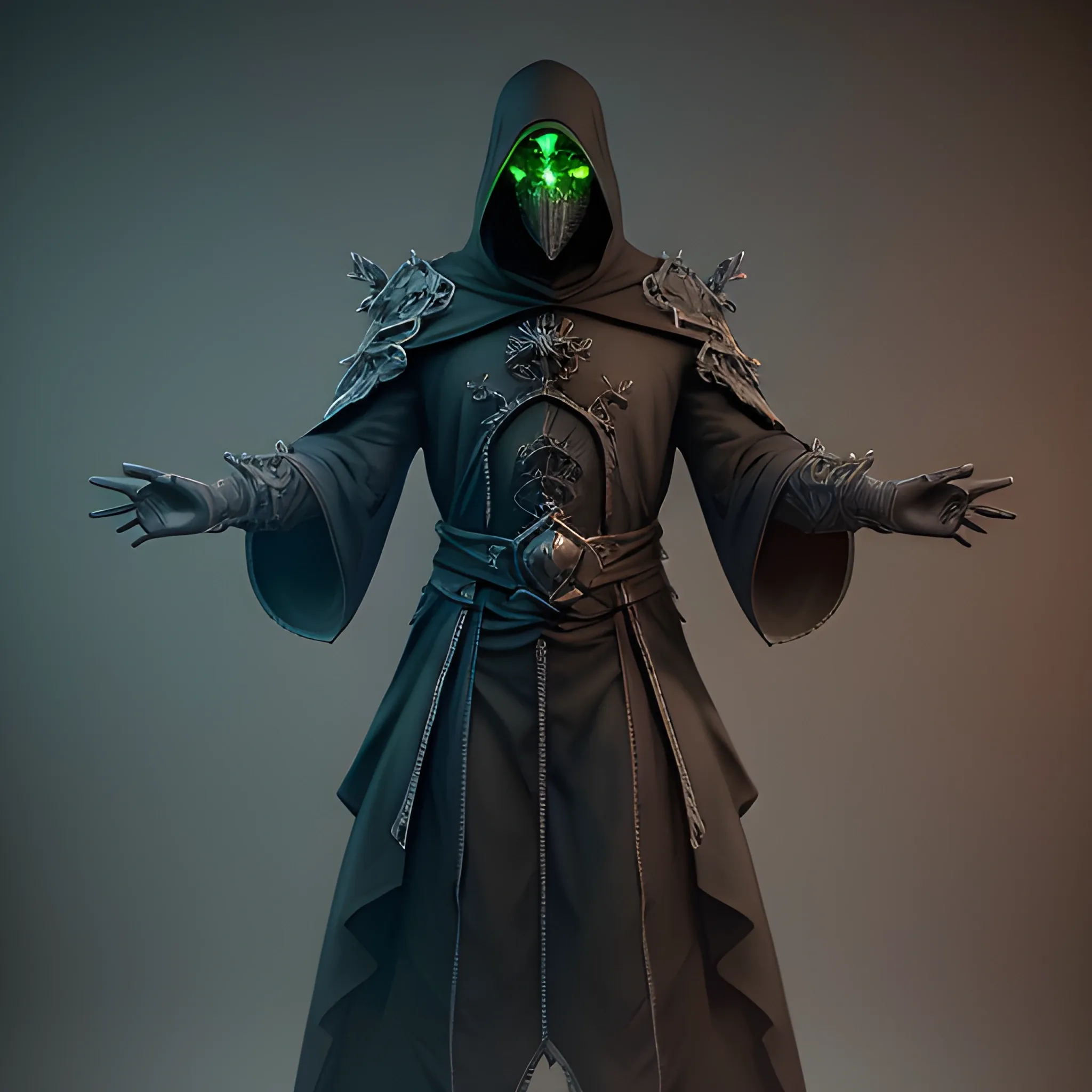 Male Necromancer, Layered Black robes, Featureless smooth mask ...