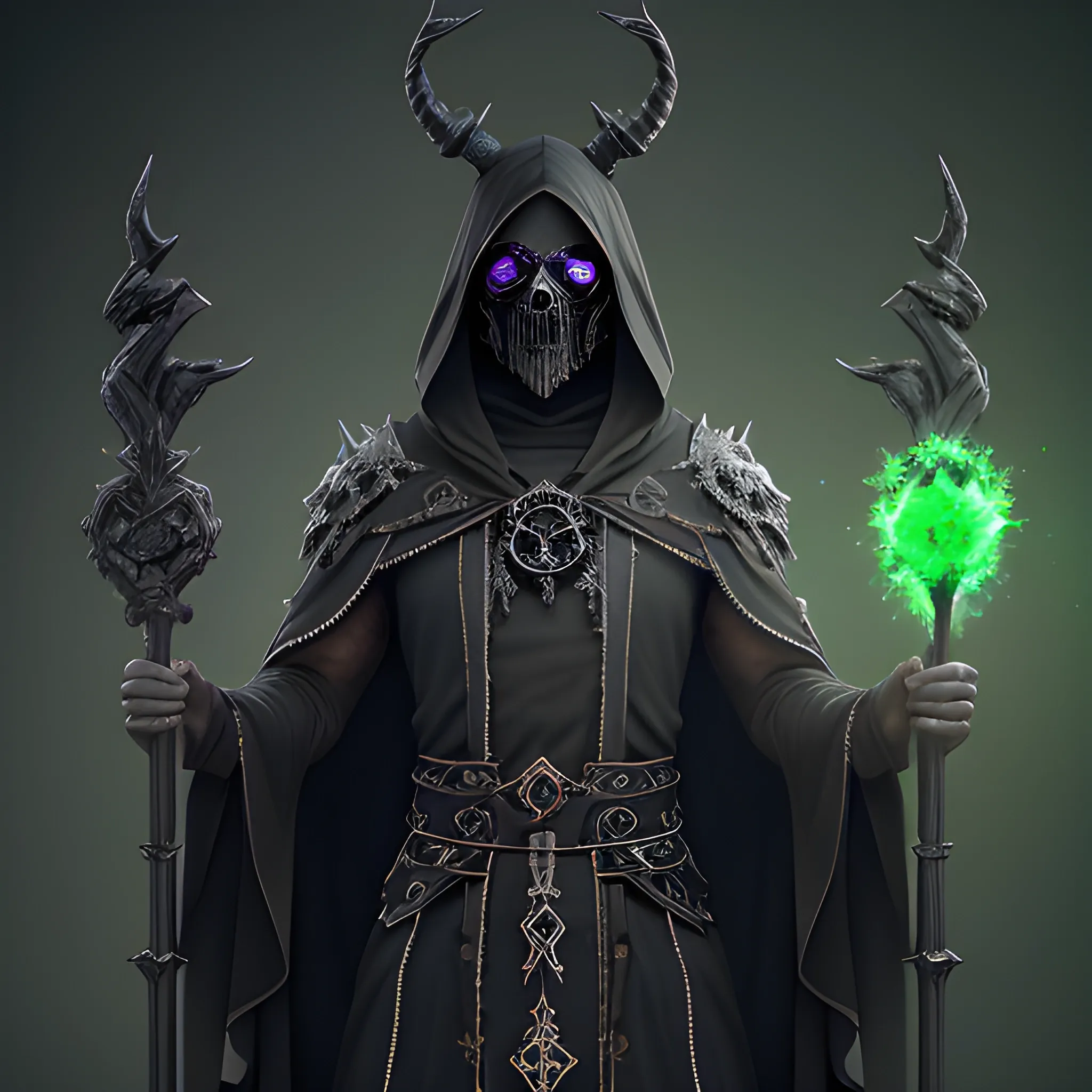 Male Necromancer, Layered Black robes, horned ebony mask, Wisps of green energy on the hands, Shards of Emeralds on the cloths, full body view, 8k, high resolution, high quality, photorealistic, hyperrealistic, detailed, detailed matte painting, deep color, fantastical, intricate detail, splash screen, complementary colors, fantasy concept art, 8k resolution trending on Artstation Unreal Engine 5

