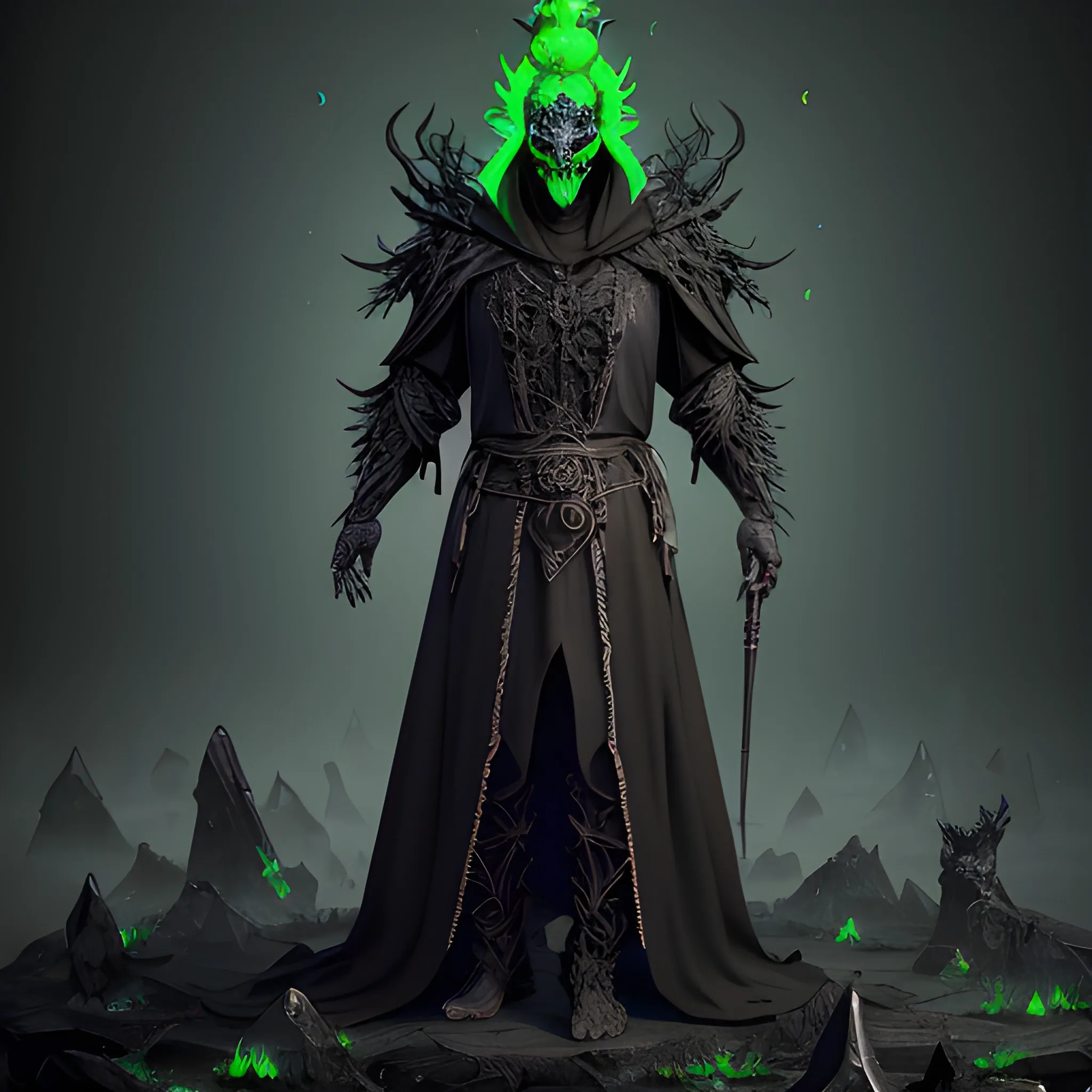 Male Necromancer, Layered Black robes, horned ebony mask, Wisps of green energy on the hands, Shards of Emeralds on the cloths, full body view, 8k, high resolution, high quality, photorealistic, hyperrealistic, detailed, detailed matte painting, deep color, fantastical, intricate detail, splash screen, complementary colors, fantasy concept art, 8k resolution trending on Artstation Unreal Engine 5

