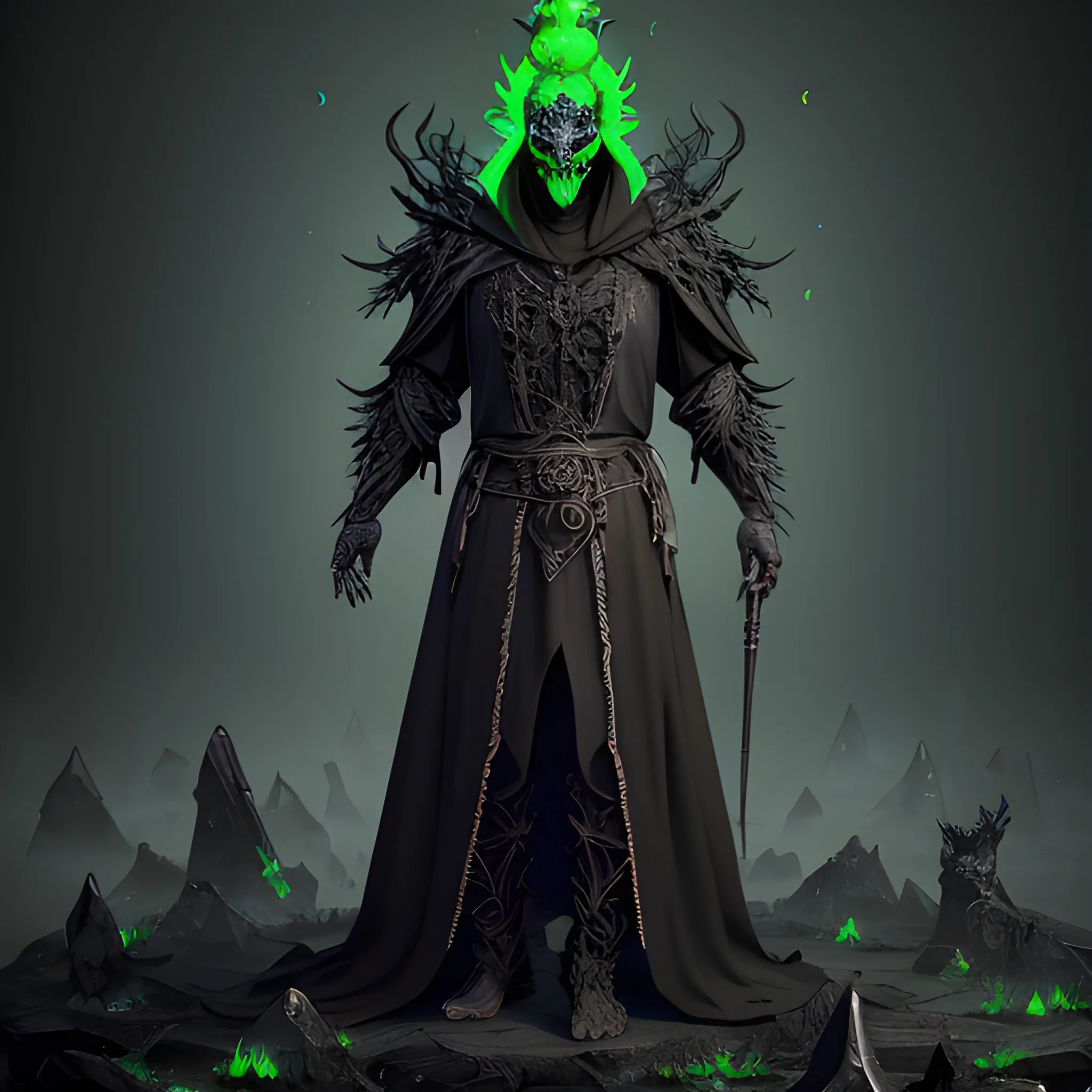 Male Necromancer, Layered Black robes, horned ebony mask, Wisps ...