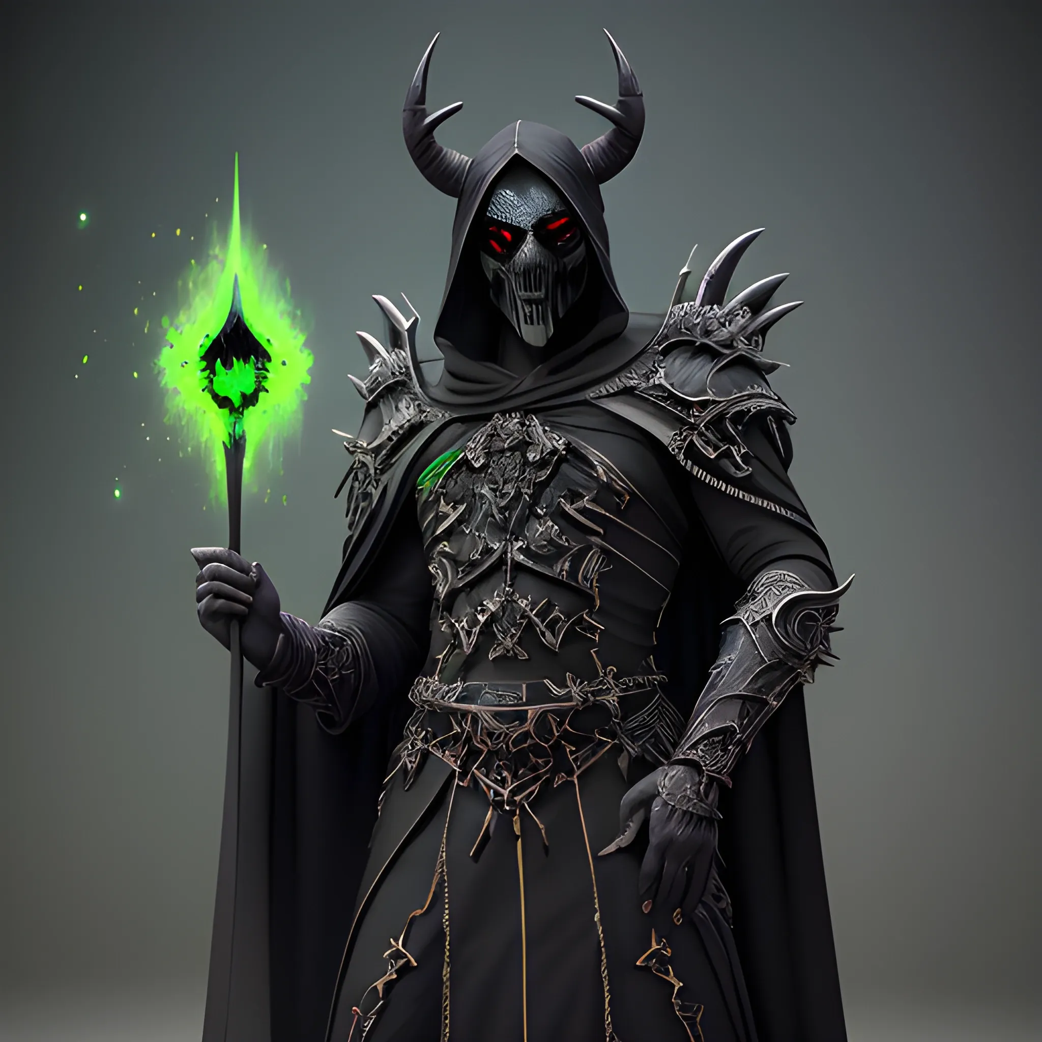 Male Necromancer, Layered Black robes, horned ebony mask, Wisps of green energy on the hands, Shards of Emeralds on the cloths, full body view, 8k, high resolution, high quality, photorealistic, hyperrealistic, detailed, detailed matte painting, deep color, fantastical, intricate detail, splash screen, complementary colors, fantasy concept art, 8k resolution trending on Artstation Unreal Engine 5