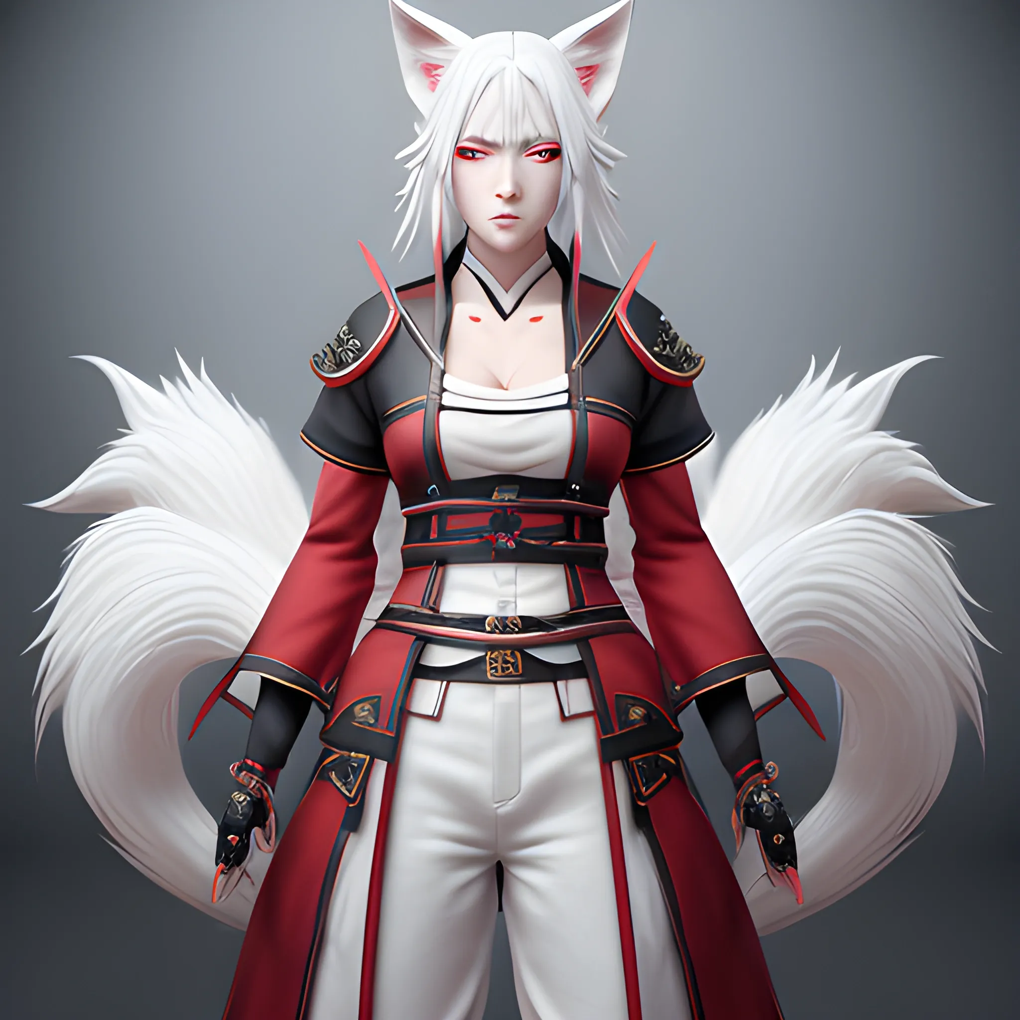 Kitsune, tightly fitted clothes, white hair, red eye, fair skin, 8k, high quality, fantasy concept art, detailed, Whisp of red magic on a hand, 8k resolution on artstation unreal engine 5, full body